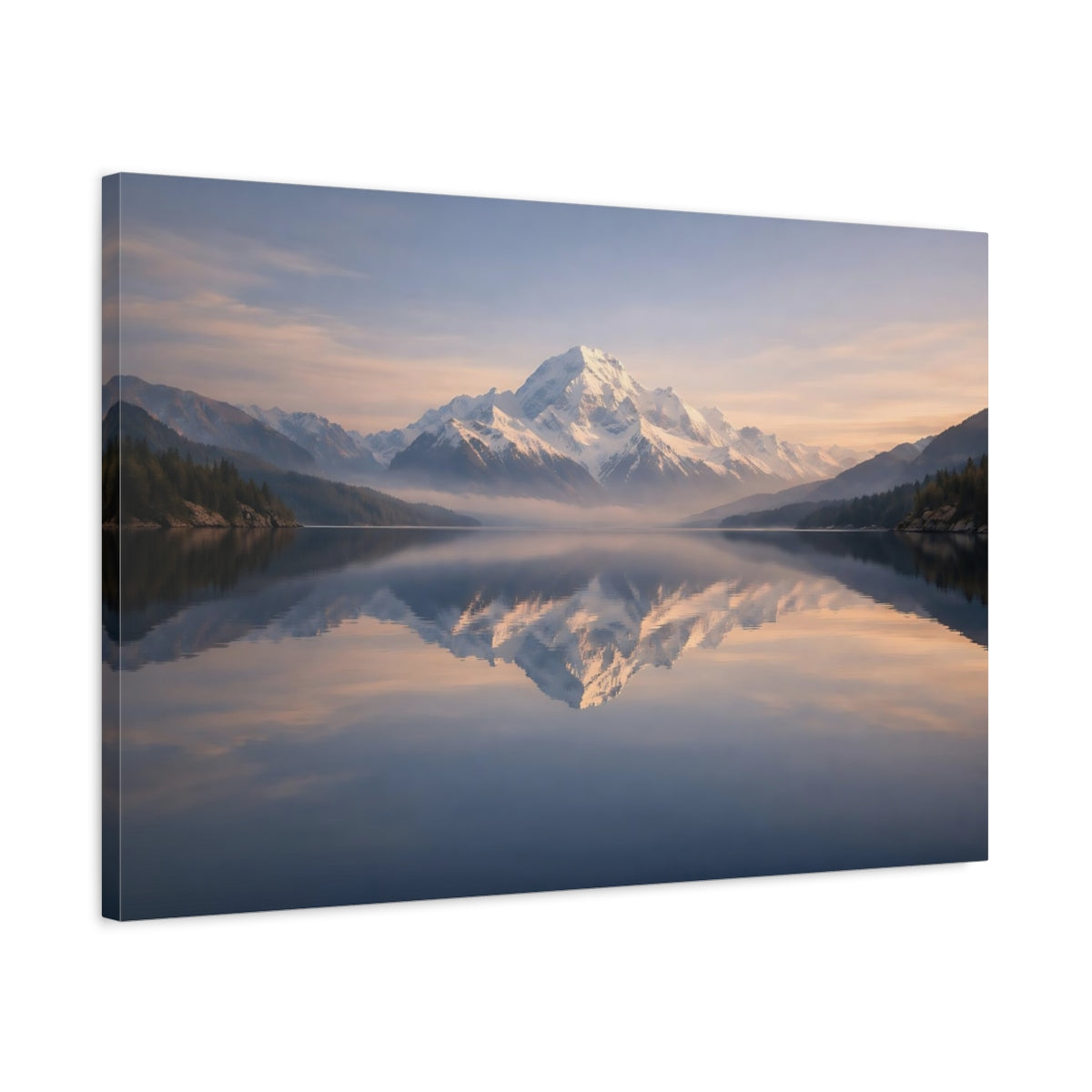 Side Mockup 2. Nature Snowy Mountain Mountain Lake Reflection shown as stretched canvas wall art