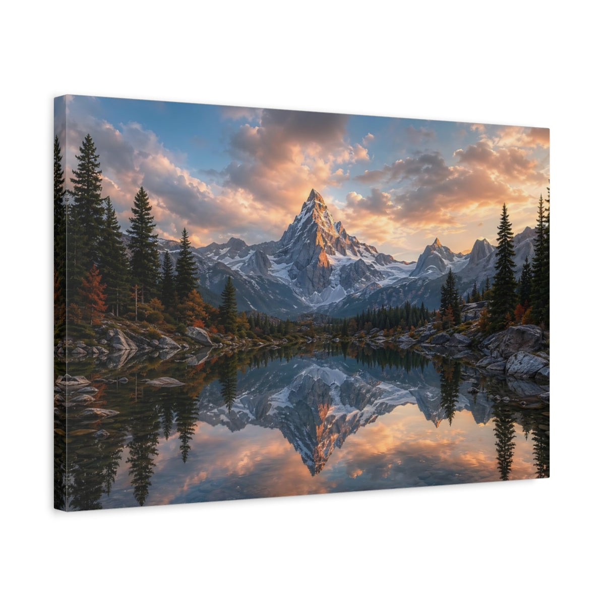 Side Mockup 3. Nature Snowy Mountain Mountain Lake Sunset shown as stretched canvas wall art