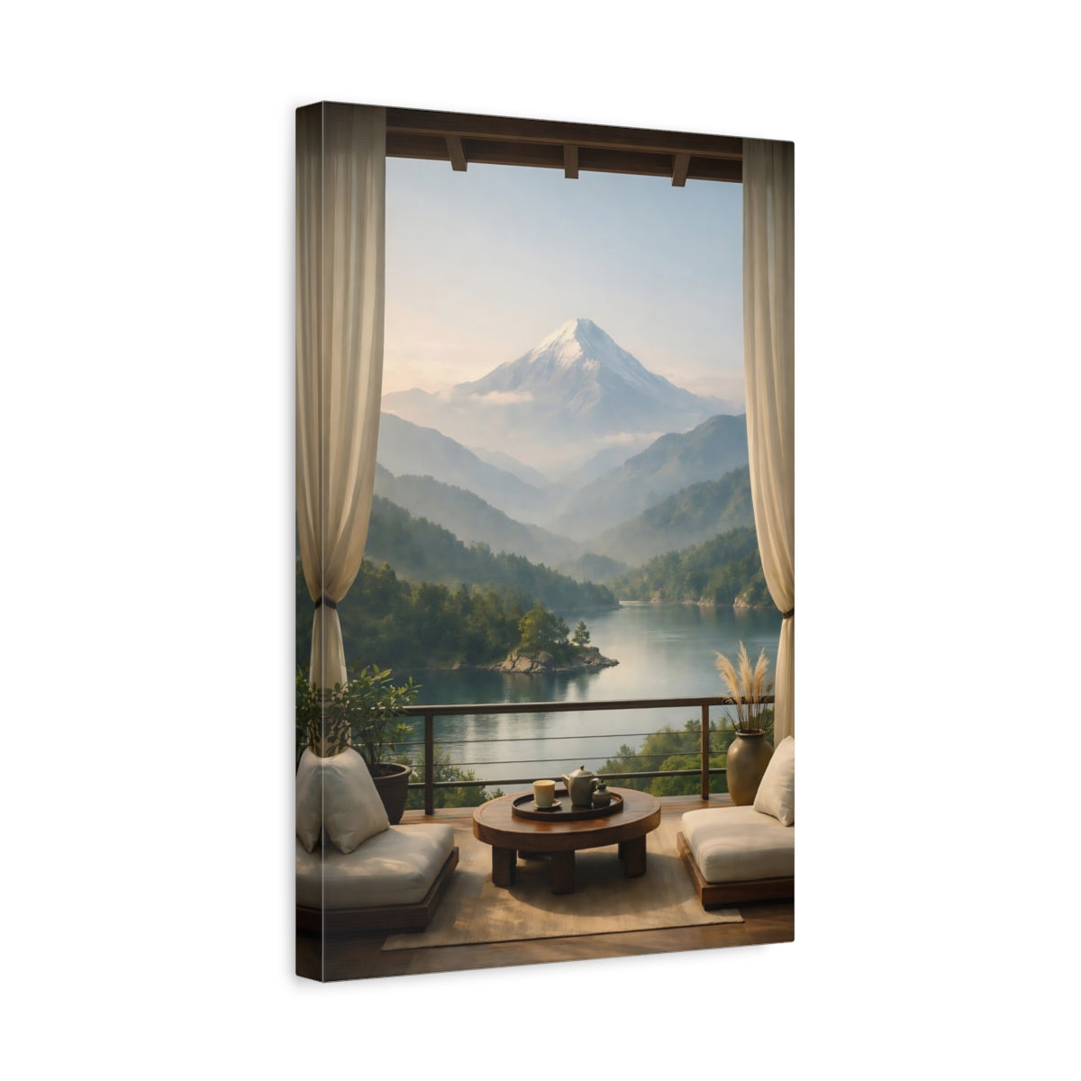 Side Mockup 4. Nature Snowy Mountain Mountain Lake View shown as stretched canvas wall art