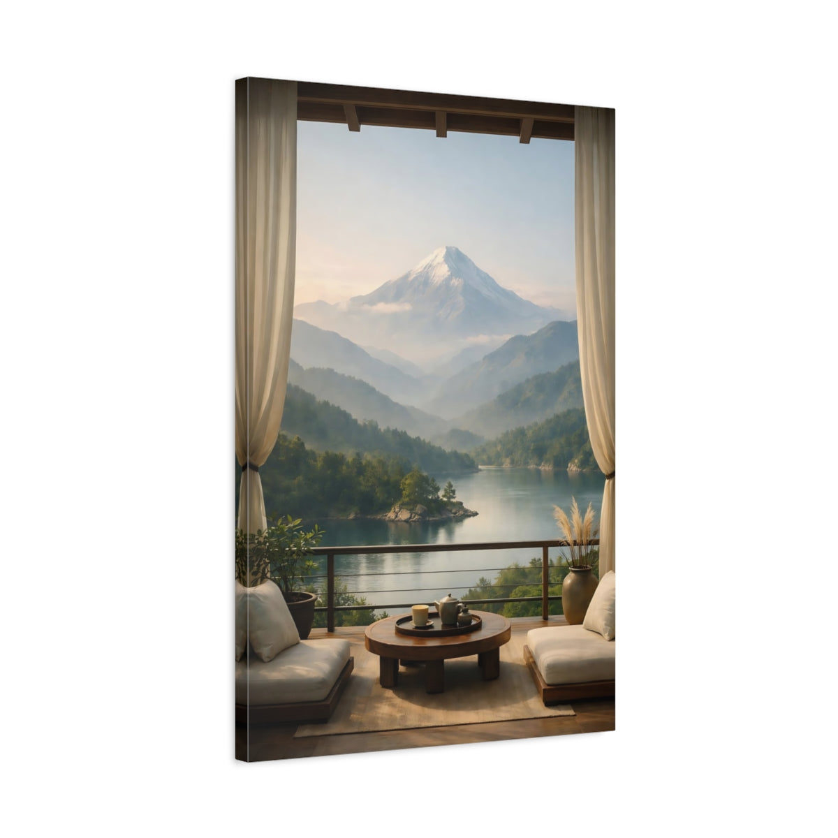 Side Mockup 2. Nature Snowy Mountain Mountain Lake View shown as stretched canvas wall art