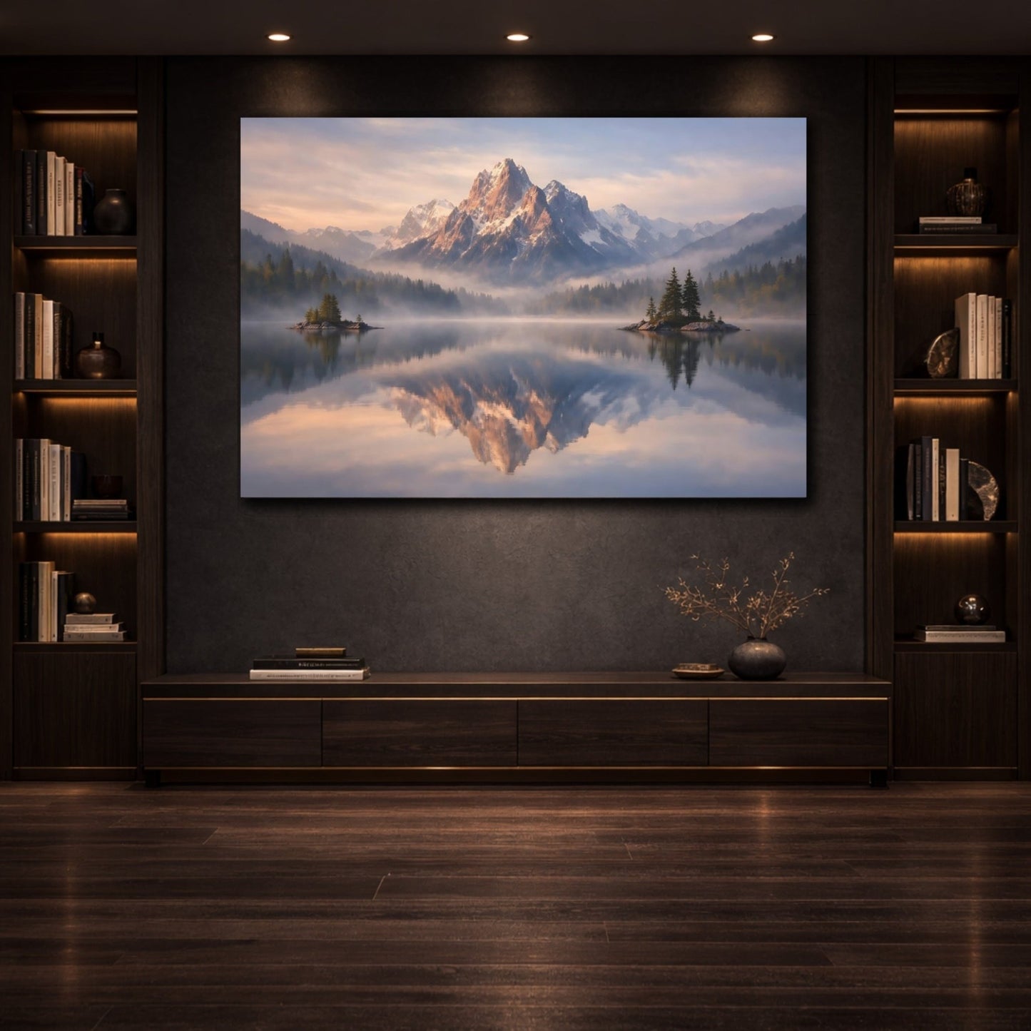 Nature Snowy Mountain Misty Lake - Canvas Wall Art Print - YesArtYes