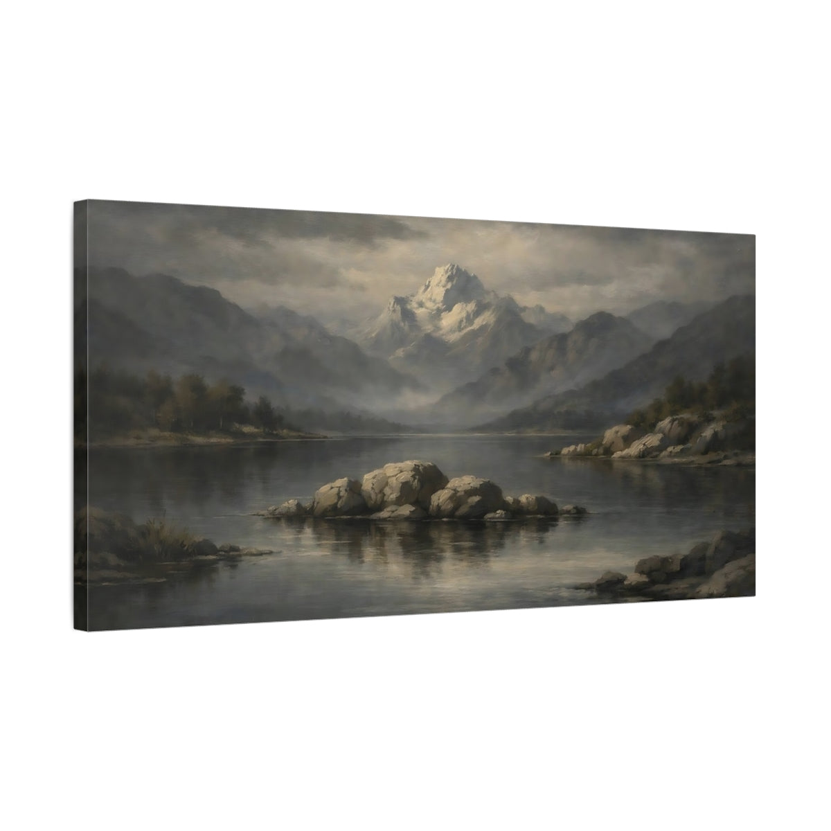 Side Mockup 2. Nature Snowy Mountain Misty Mountain Lake shown as stretched canvas wall art