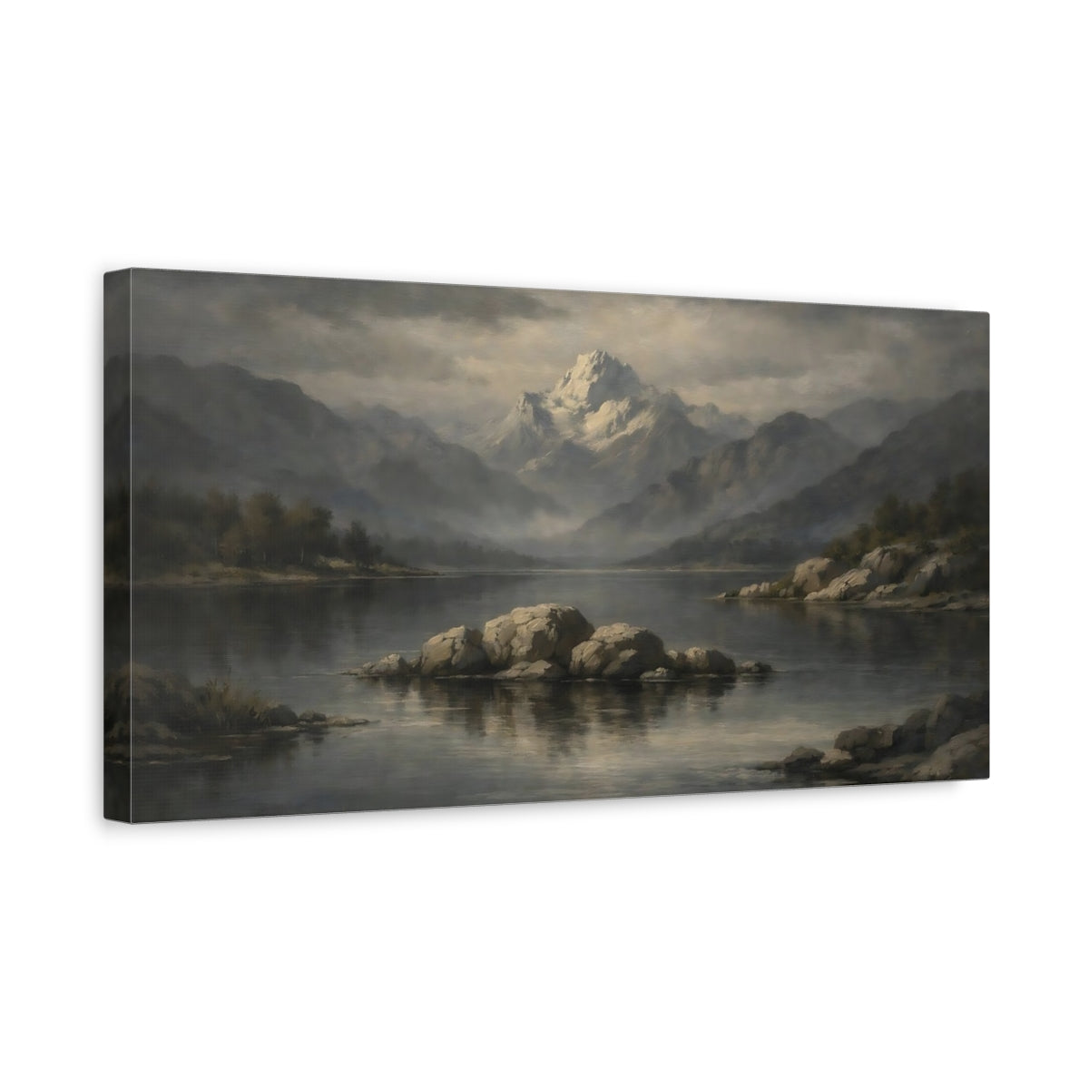 Side Mockup 3. Nature Snowy Mountain Misty Mountain Lake shown as stretched canvas wall art