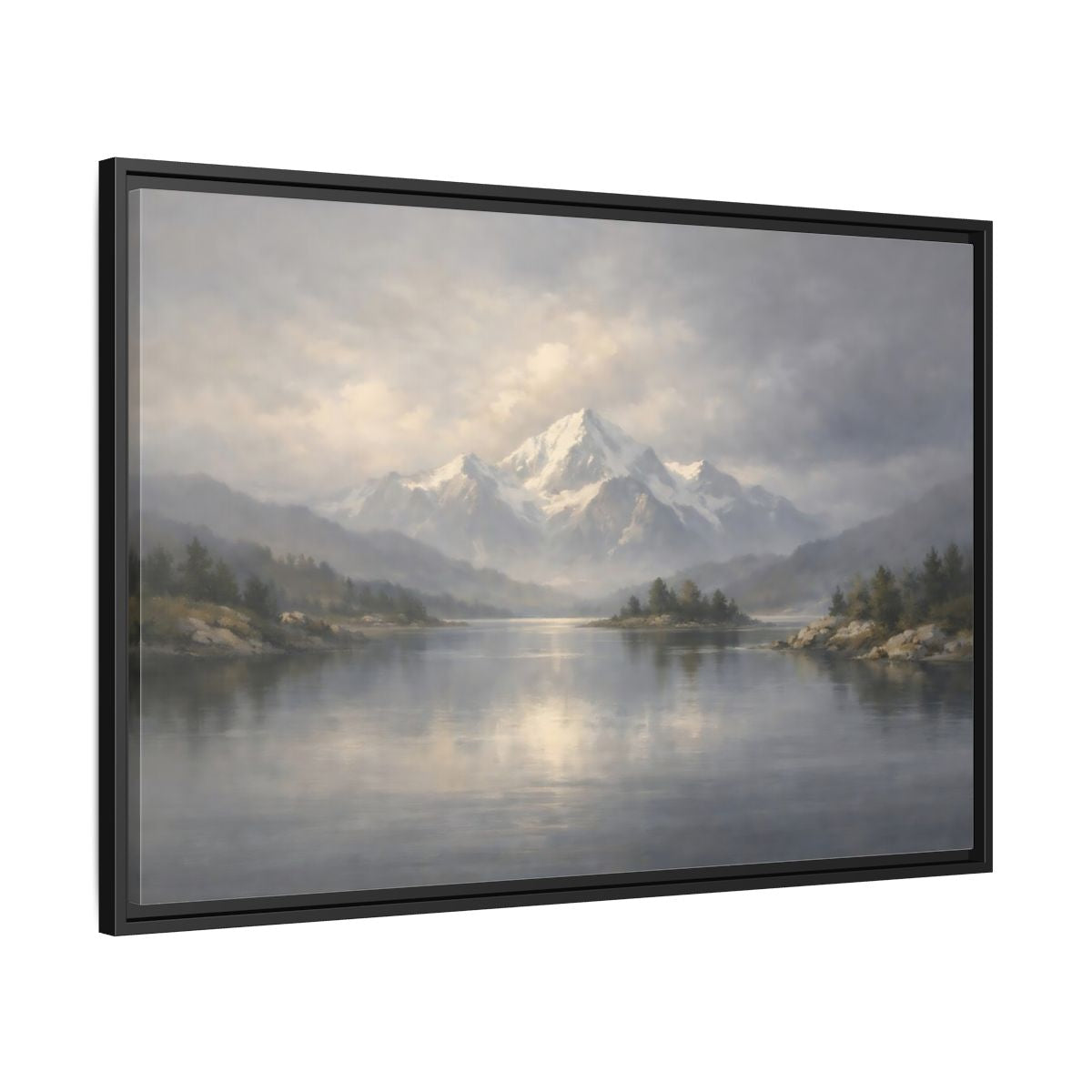 Side Mockup 13. Nature Snowy Mountain Misty Mountain Lake shown as stretched canvas wall art