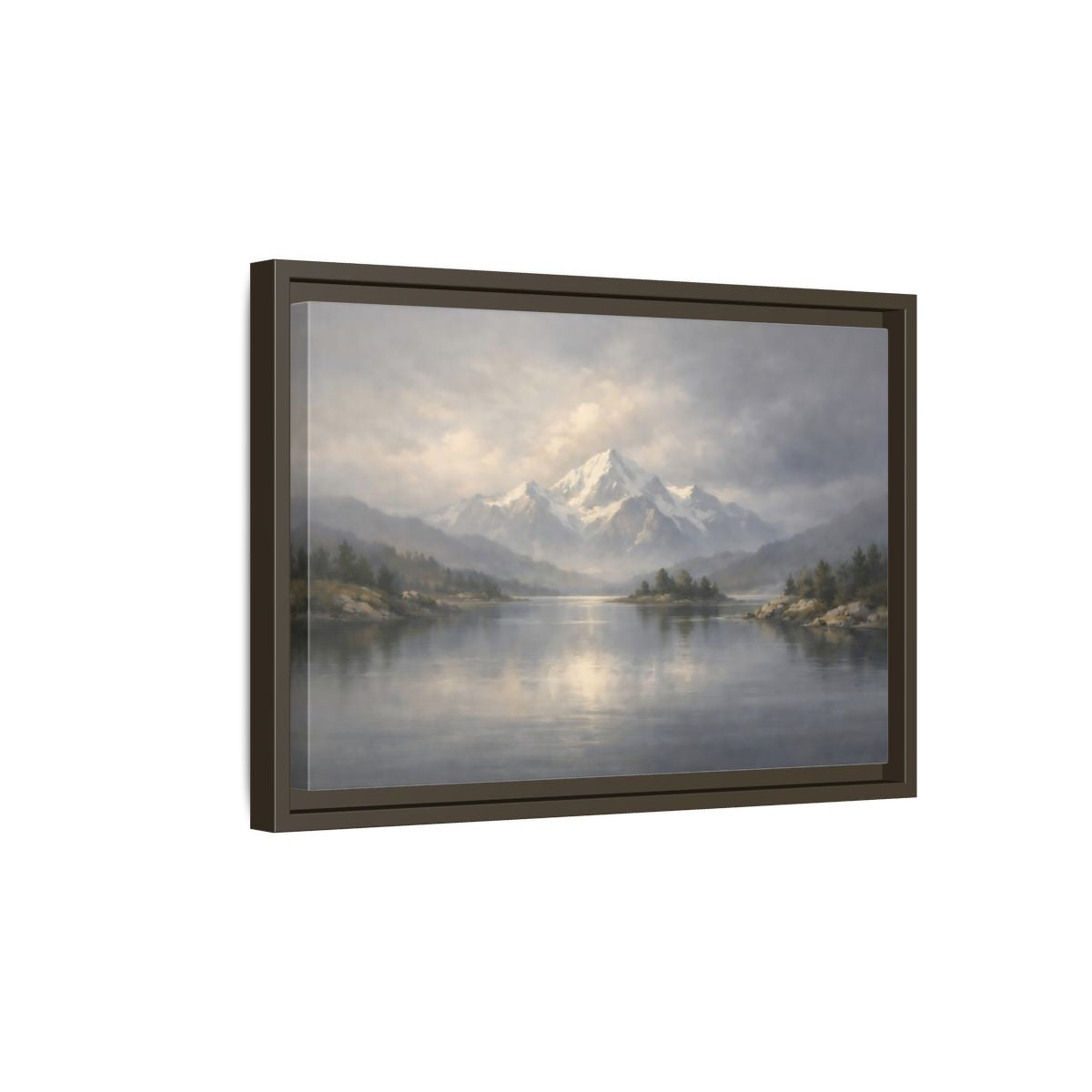Side Mockup 5. Nature Snowy Mountain Misty Mountain Lake shown as stretched canvas wall art
