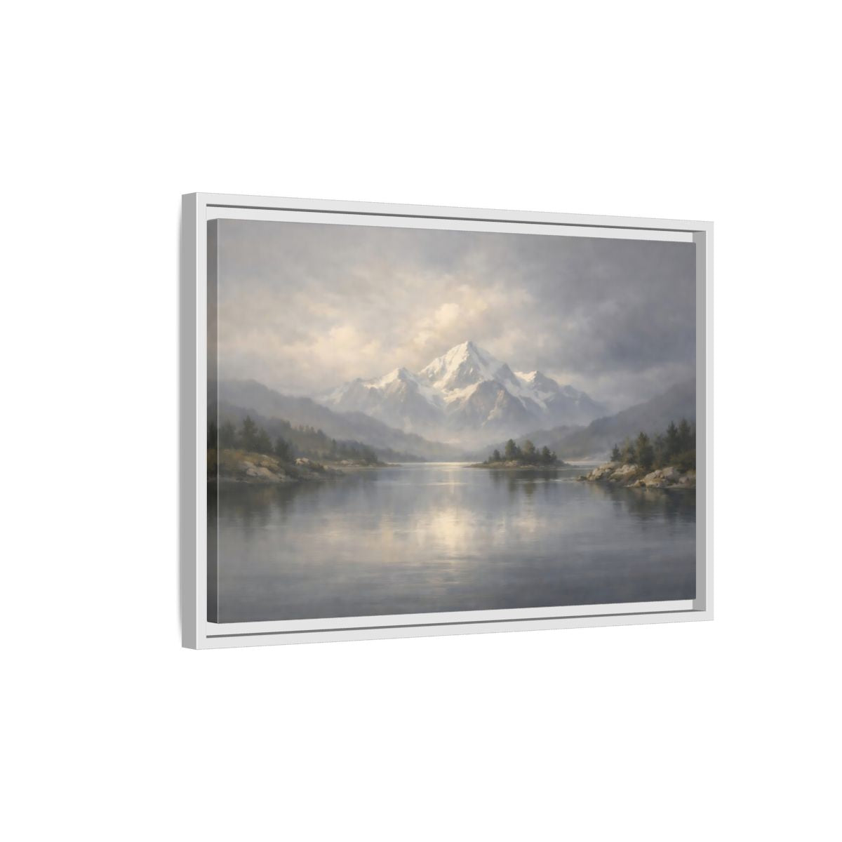Side Mockup 1. Nature Snowy Mountain Misty Mountain Lake shown as stretched canvas wall art