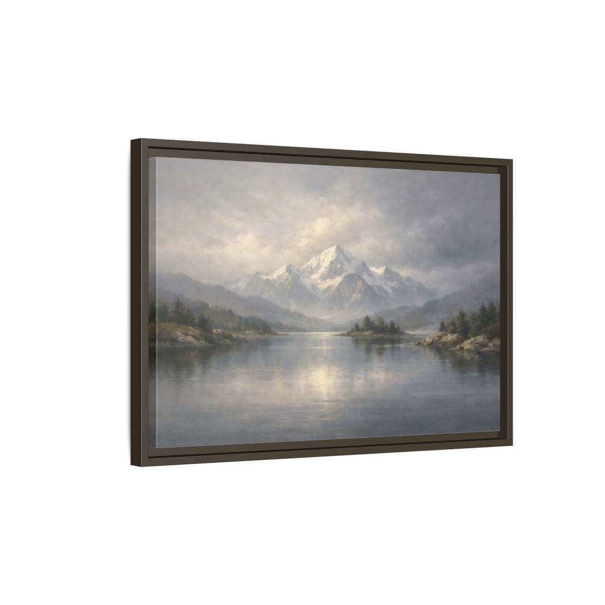 Side Mockup 2. Nature Snowy Mountain Misty Mountain Lake shown as stretched canvas wall art