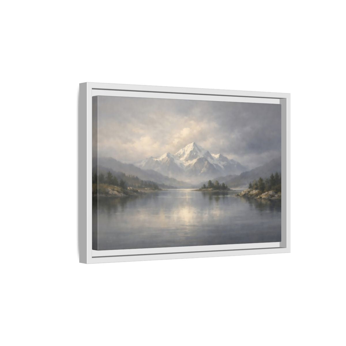 Side Mockup 4. Nature Snowy Mountain Misty Mountain Lake shown as stretched canvas wall art