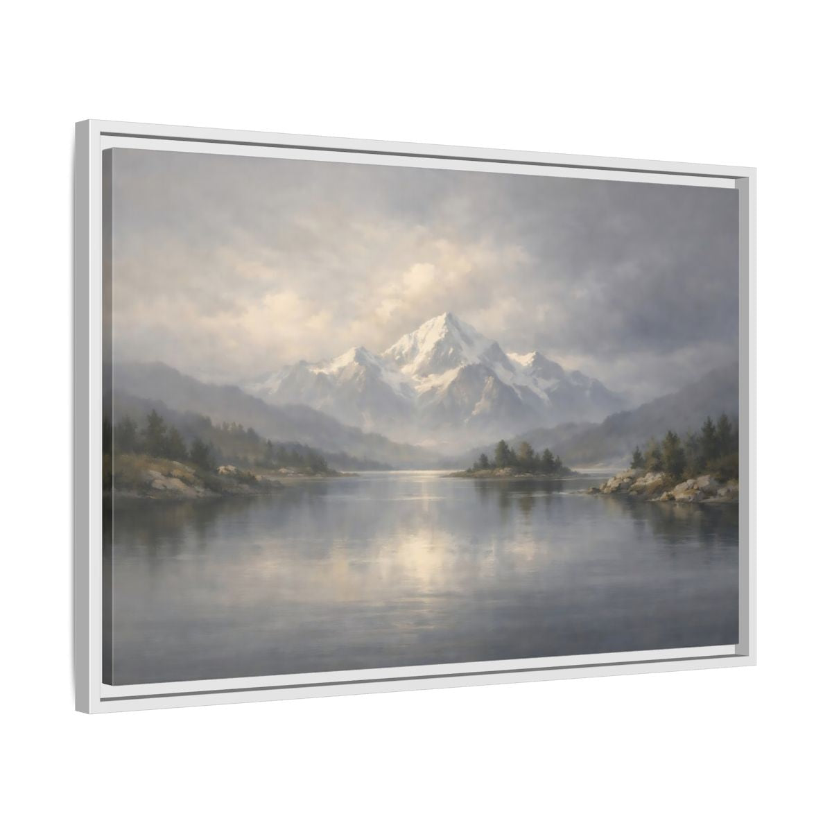 Side Mockup 10. Nature Snowy Mountain Misty Mountain Lake shown as stretched canvas wall art