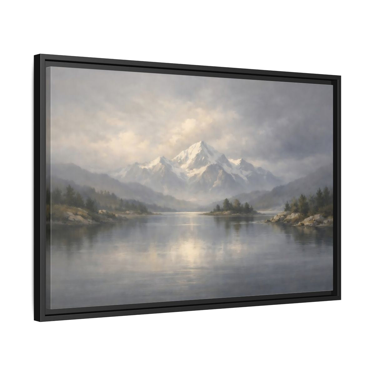 Side Mockup 14. Nature Snowy Mountain Misty Mountain Lake shown as stretched canvas wall art