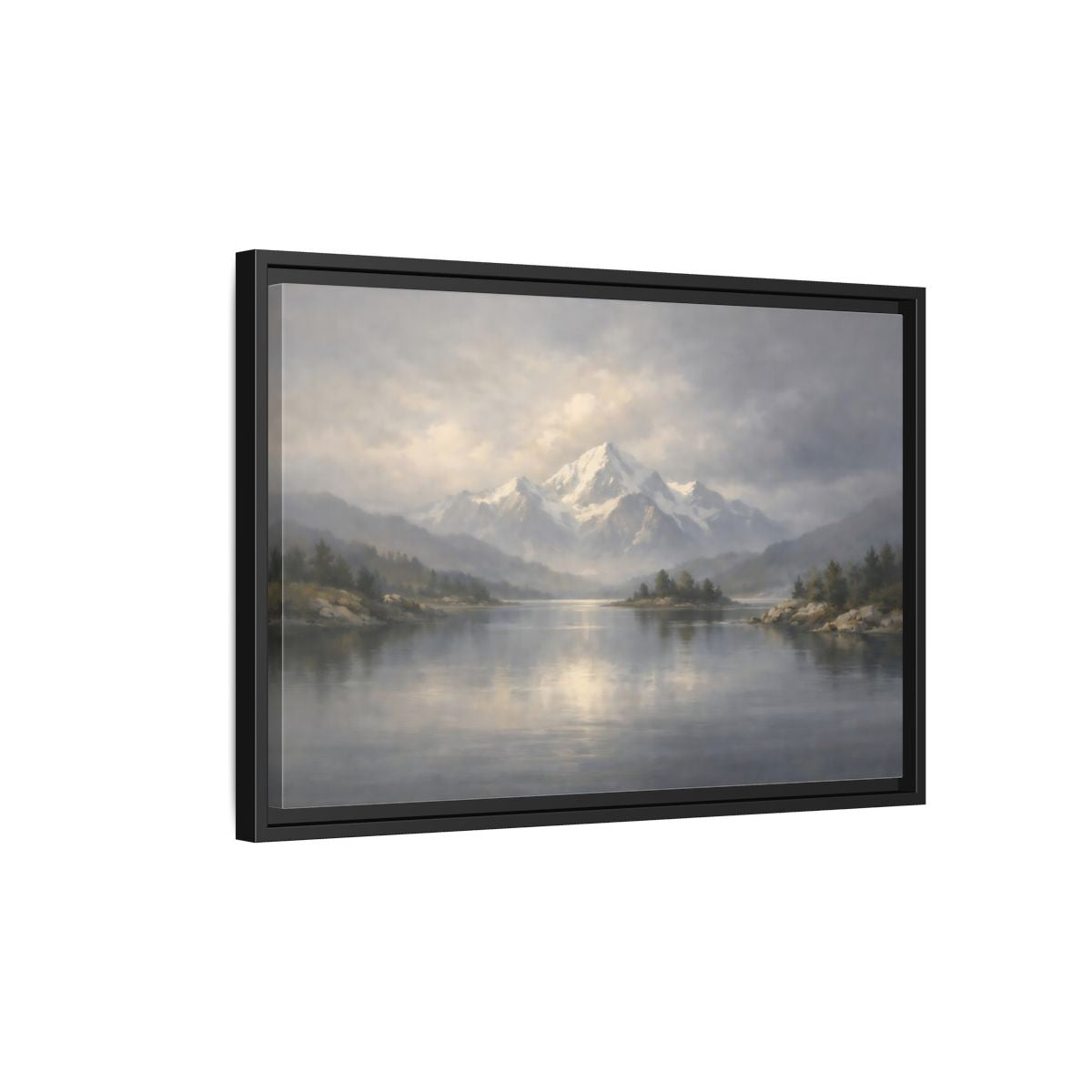 Side Mockup 3. Nature Snowy Mountain Misty Mountain Lake shown as stretched canvas wall art