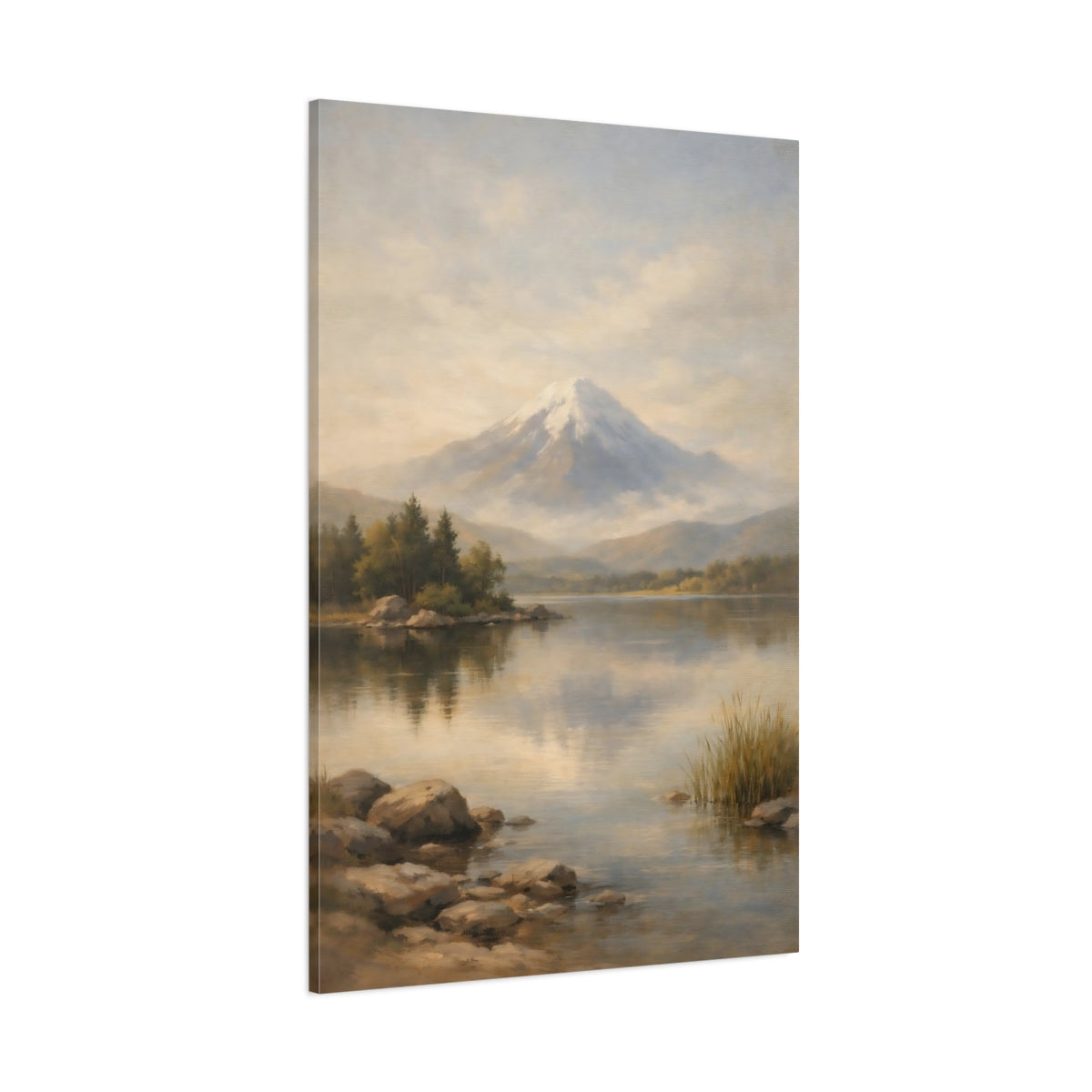 Main Mockup. Nature Snowy Mountain Misty Mountain Lake shown as stretched canvas wall art