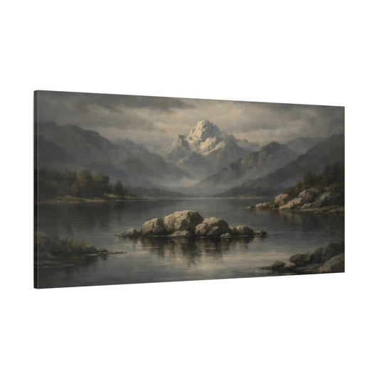 Main Mockup. Nature Snowy Mountain Misty Mountain Lake shown as stretched canvas wall art