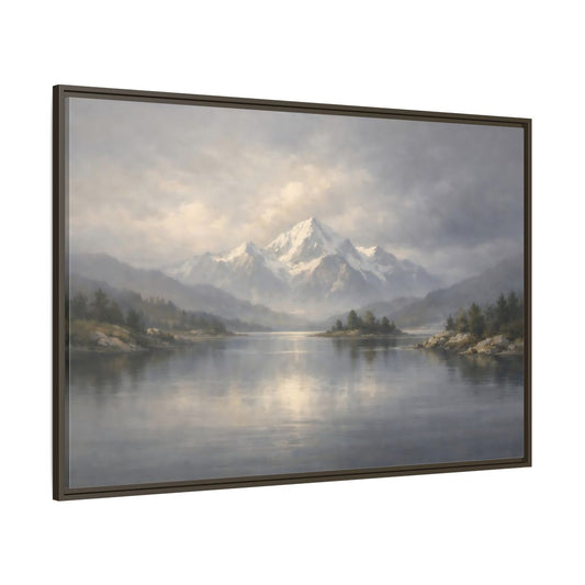 Main Mockup. Nature Snowy Mountain Misty Mountain Lake shown as stretched canvas wall art