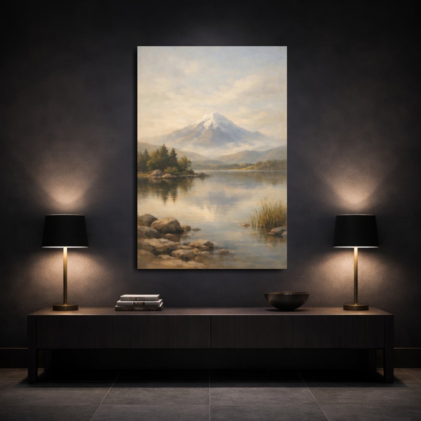 Mockup 2. Nature Snowy Mountain Misty Mountain Lake shown as stretched canvas wall art