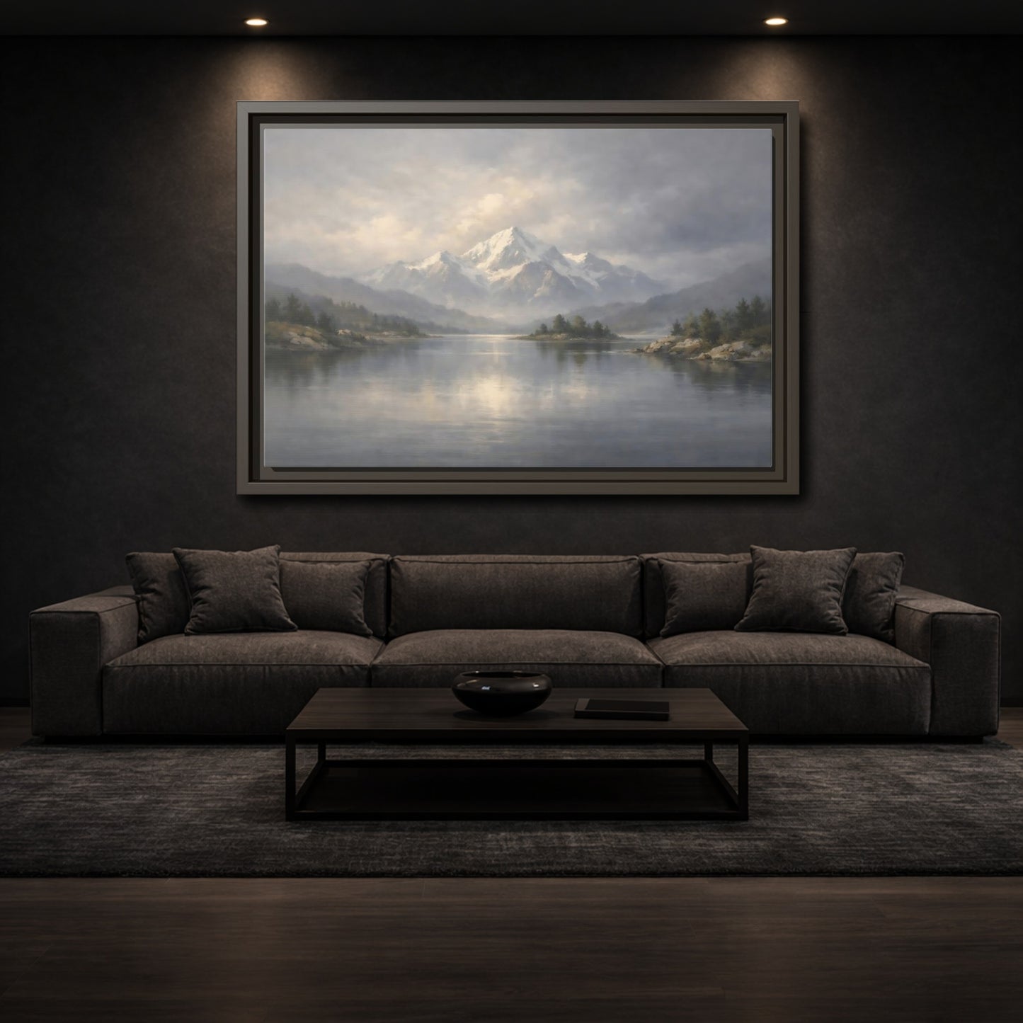 Mockup 2. Nature Snowy Mountain Misty Mountain Lake shown as stretched canvas wall art