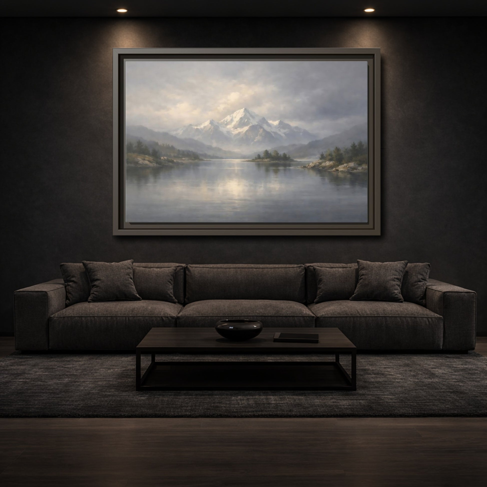 Mockup 2. Nature Snowy Mountain Misty Mountain Lake shown as stretched canvas wall art