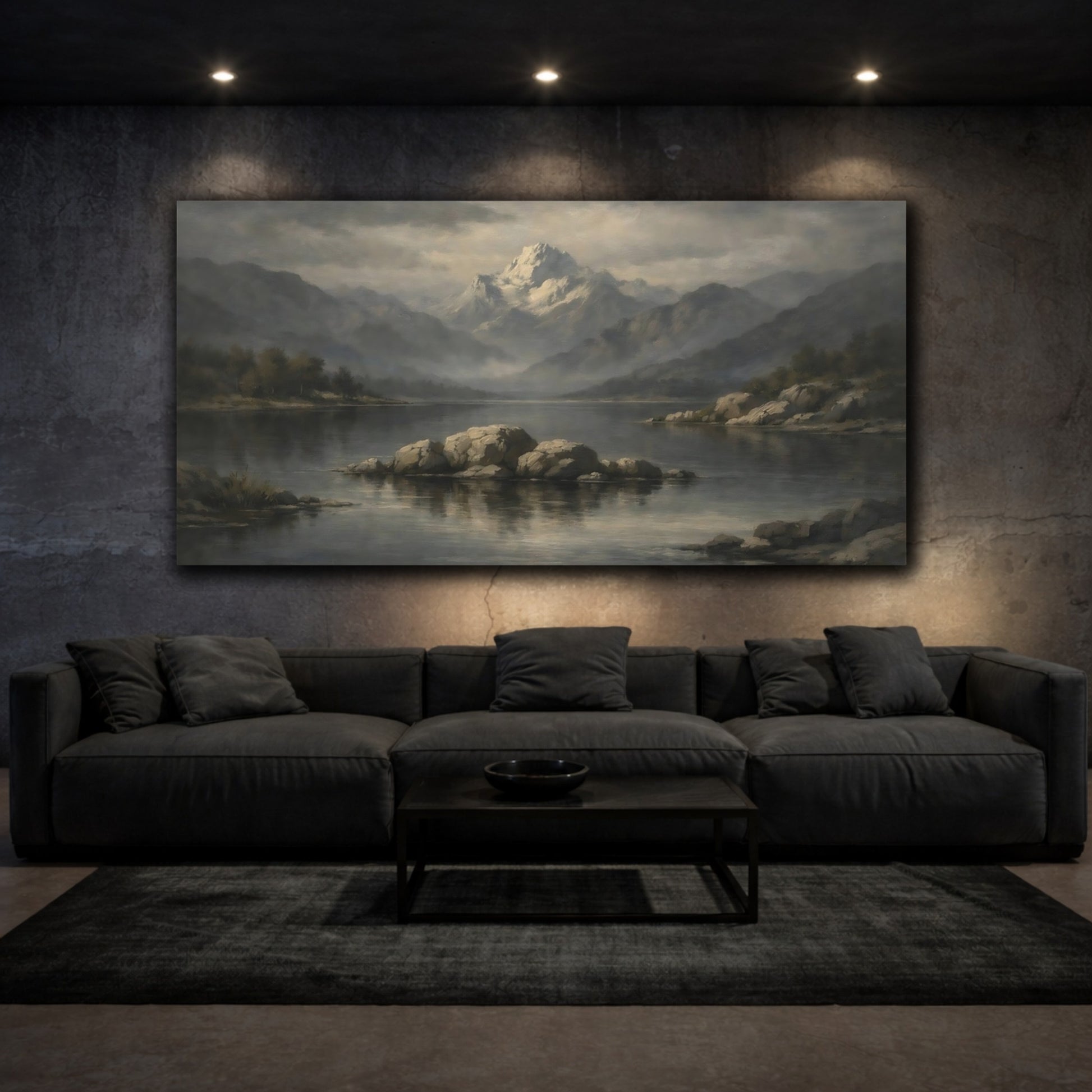 Mockup 2. Nature Snowy Mountain Misty Mountain Lake shown as stretched canvas wall art