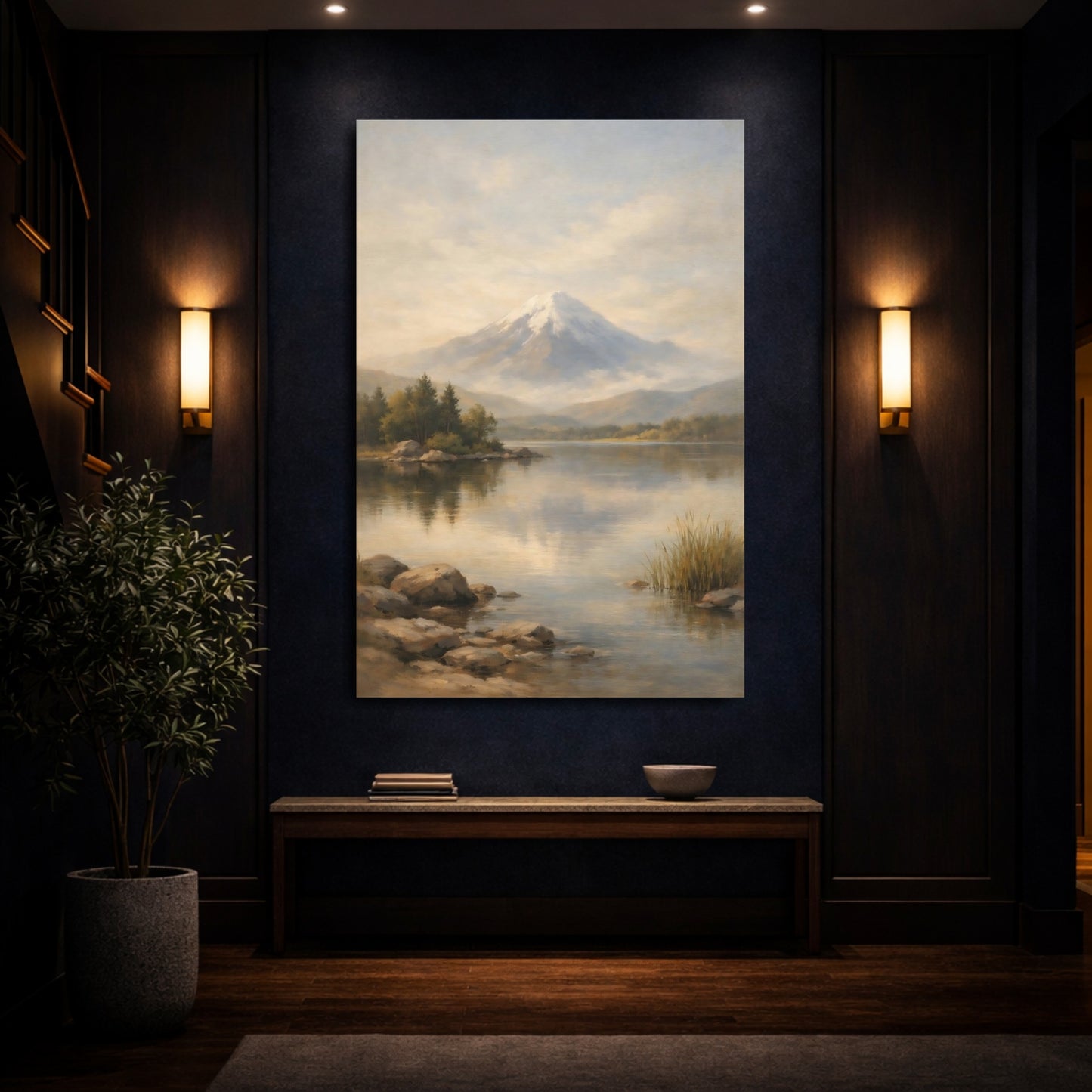 Mockup 3. Nature Snowy Mountain Misty Mountain Lake shown as stretched canvas wall art