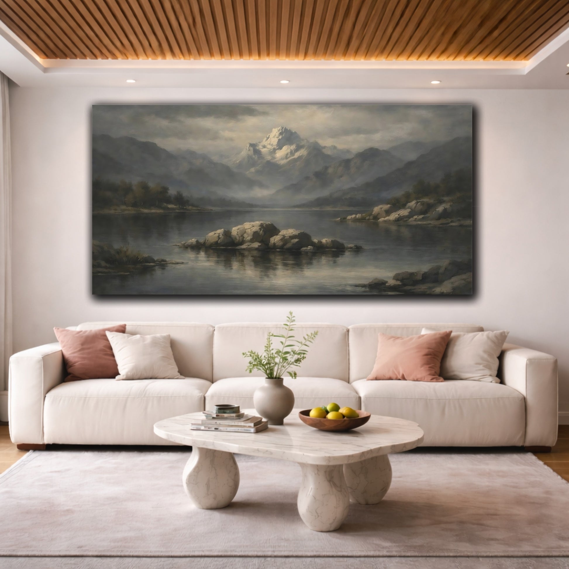 Mockup 3. Nature Snowy Mountain Misty Mountain Lake shown as stretched canvas wall art