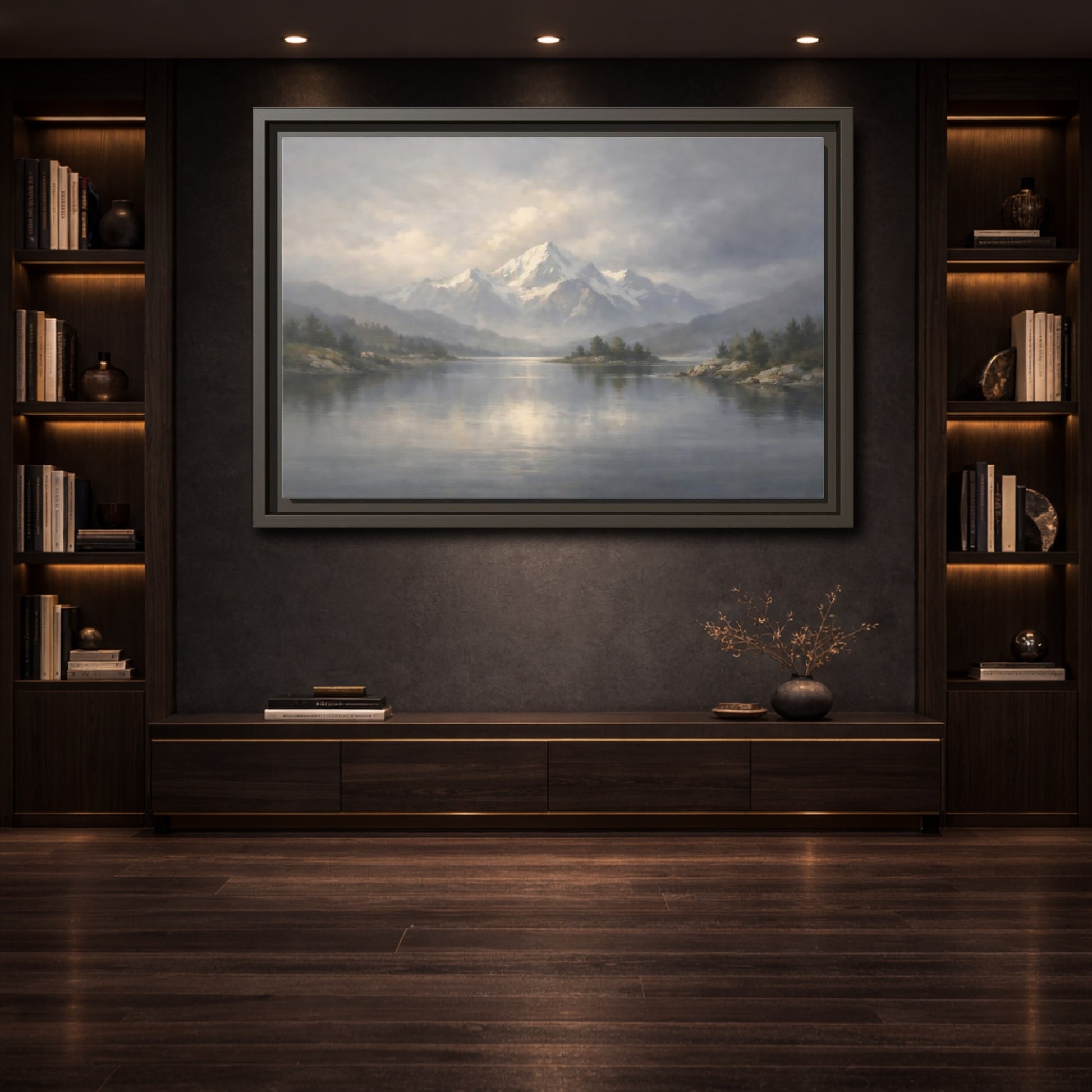 Mockup 3. Nature Snowy Mountain Misty Mountain Lake shown as stretched canvas wall art