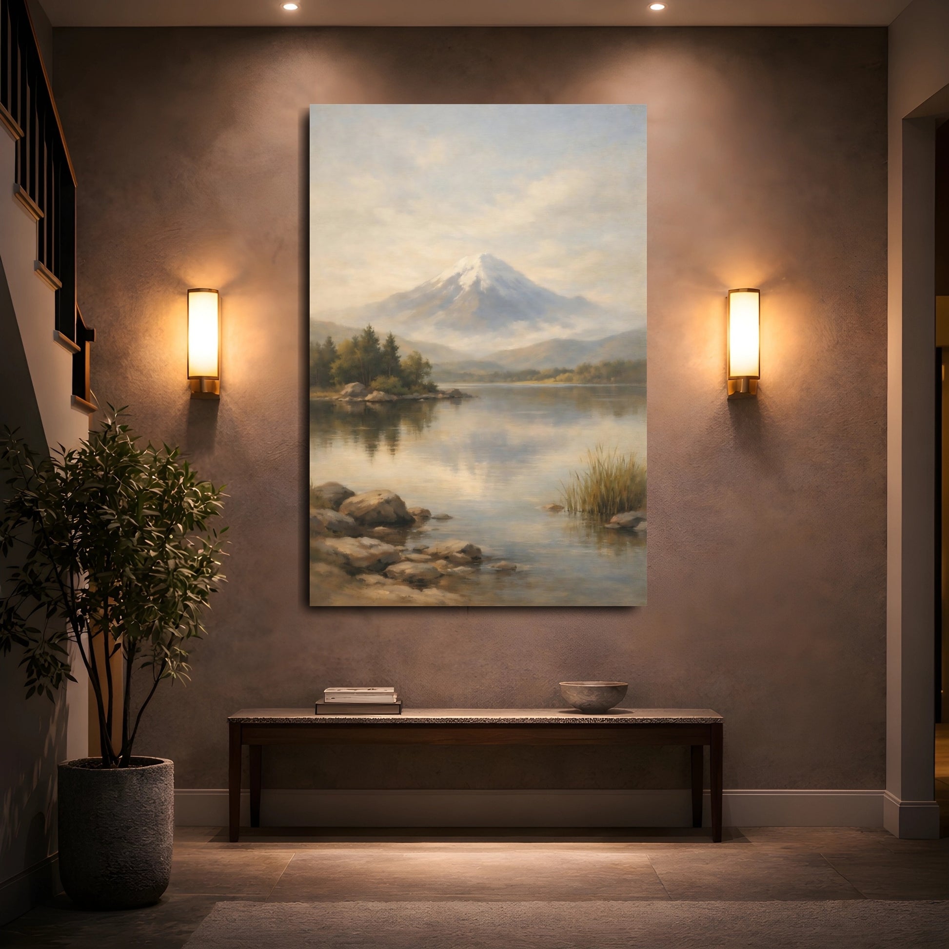 Mockup 4. Nature Snowy Mountain Misty Mountain Lake shown as stretched canvas wall art
