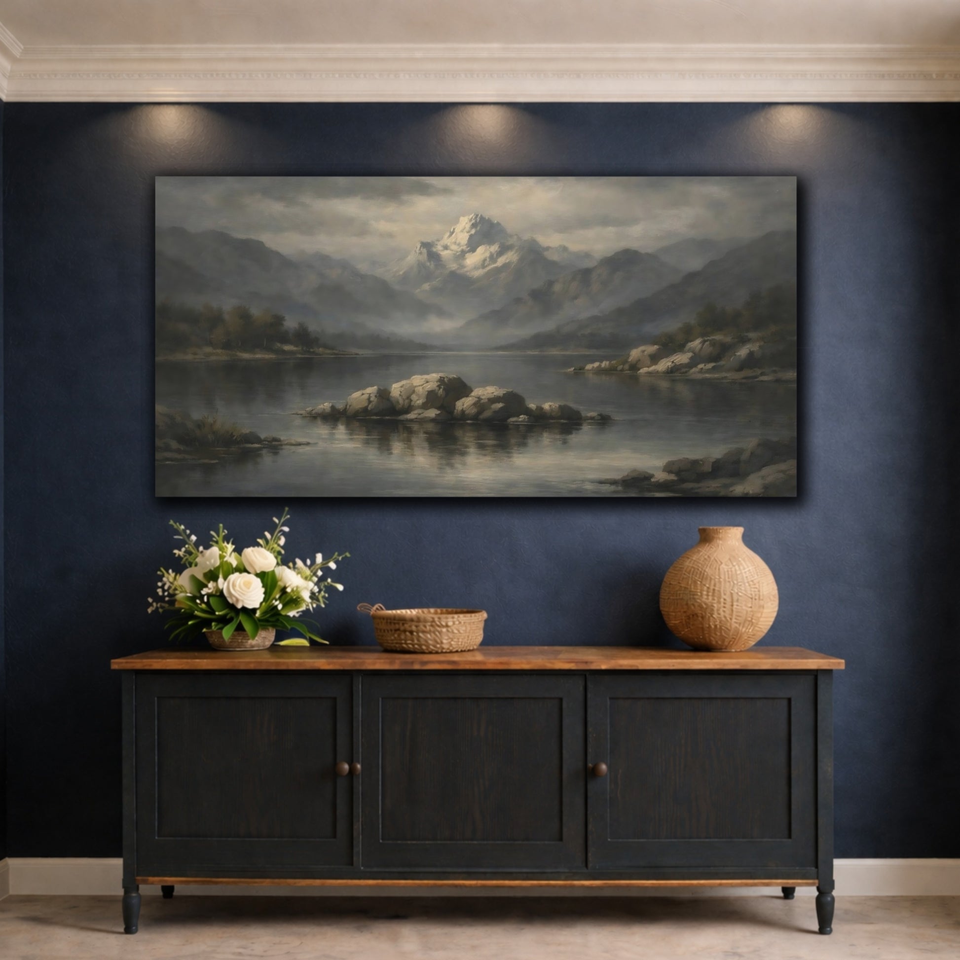 Mockup 4. Nature Snowy Mountain Misty Mountain Lake shown as stretched canvas wall art