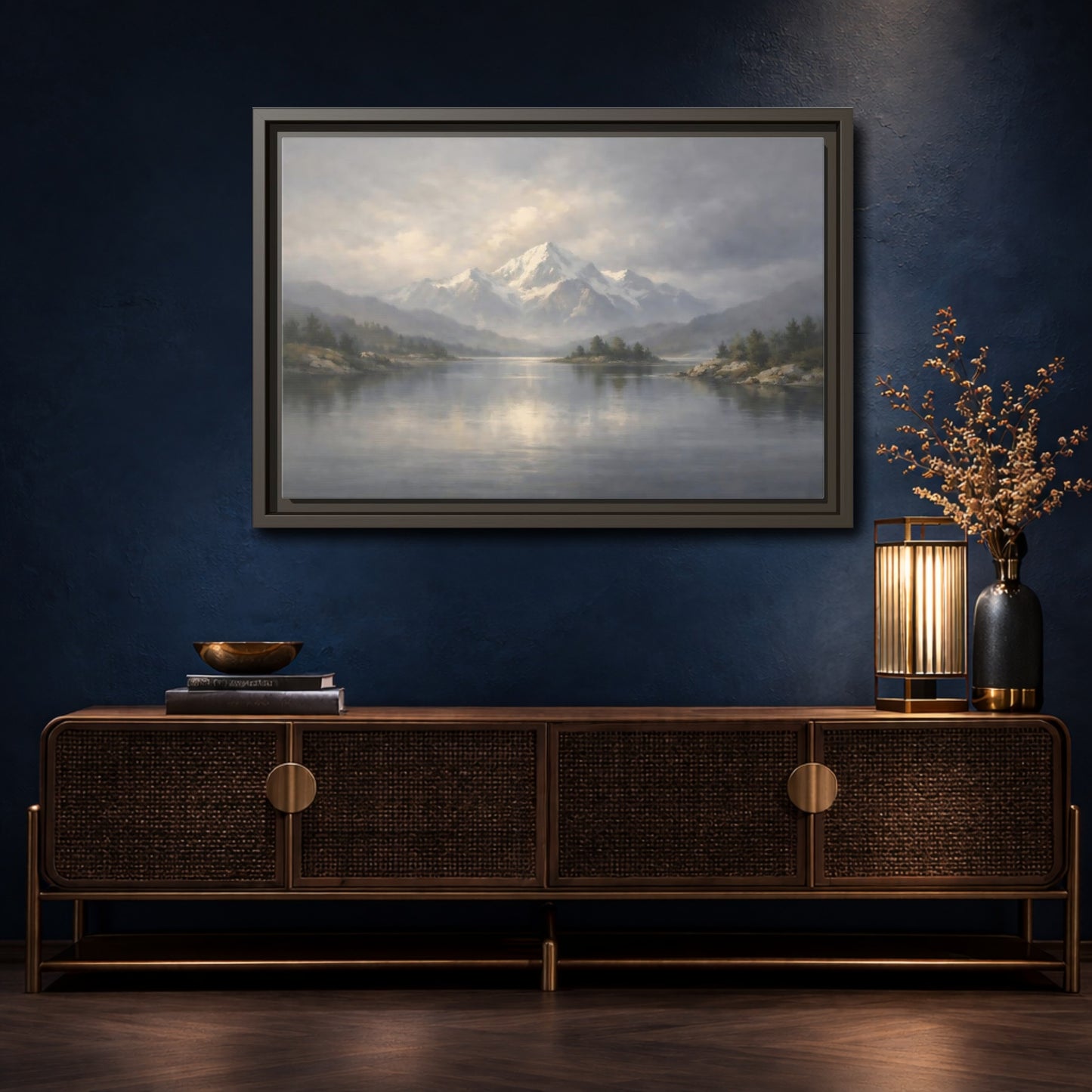 Mockup 4. Nature Snowy Mountain Misty Mountain Lake shown as stretched canvas wall art