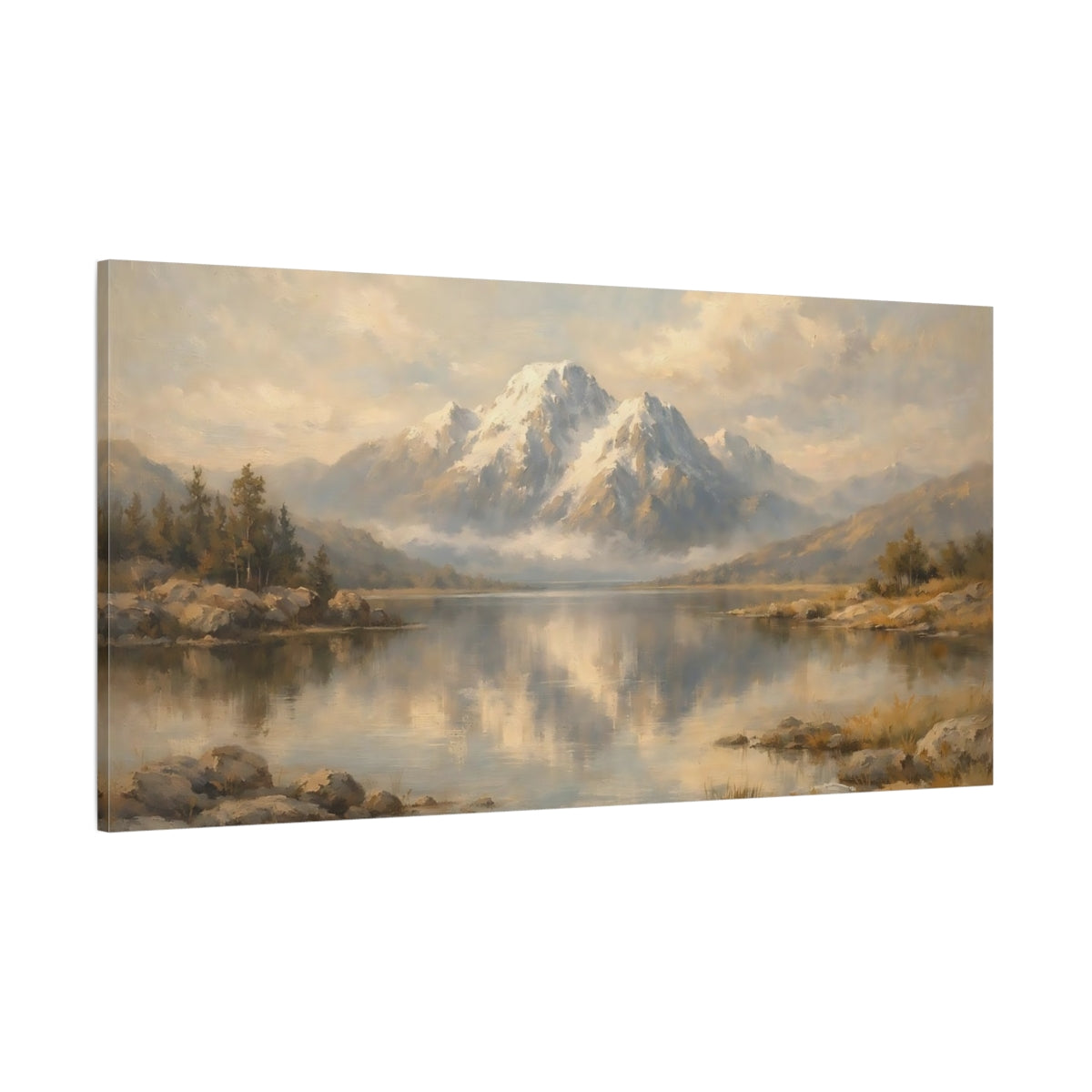 Main Mockup. Nature Snowy Mountain Mountain Lake shown as stretched canvas wall art