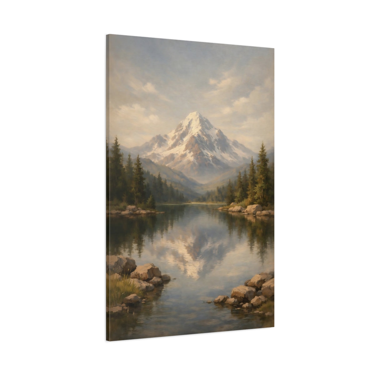 Main Mockup. Nature Snowy Mountain Mountain Lake Landscape shown as stretched canvas wall art