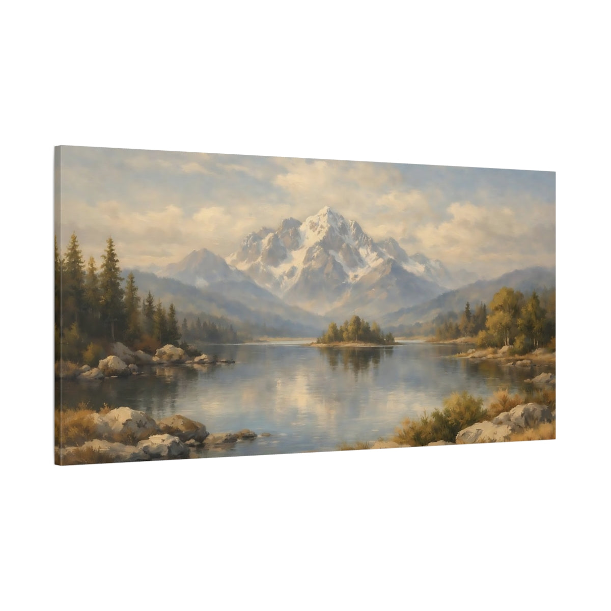 Main Mockup. Nature Snowy Mountain Mountain Lake Landscape shown as stretched canvas wall art