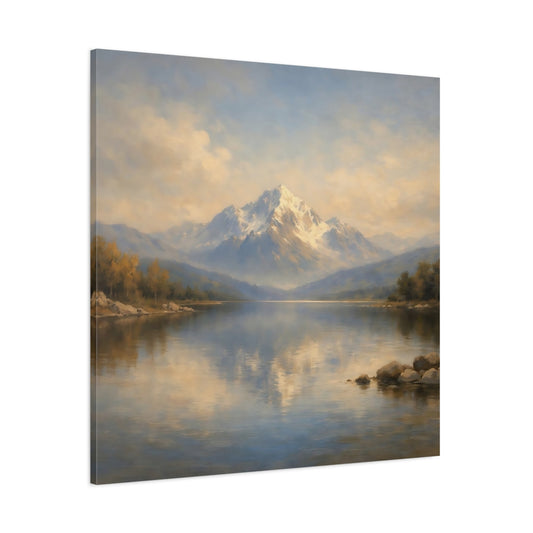 Main Mockup. Nature Snowy Mountain Mountain Lake Landscape shown as stretched canvas wall art