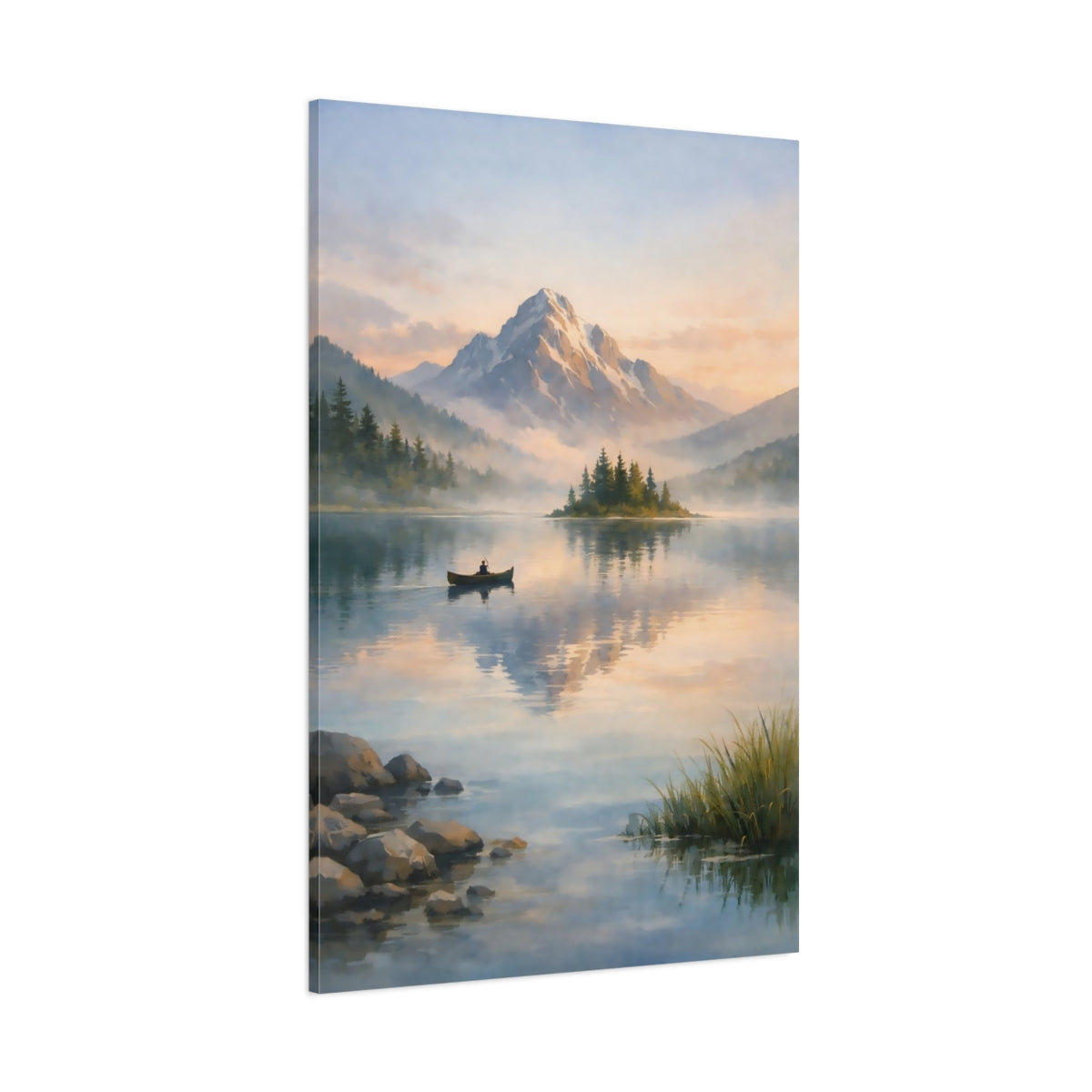 Main Mockup. Nature Snowy Mountain Mountain Lake Landscape shown as stretched canvas wall art