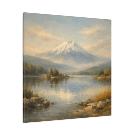 Main Mockup. Nature Snowy Mountain Mountain Lake Landscape shown as stretched canvas wall art