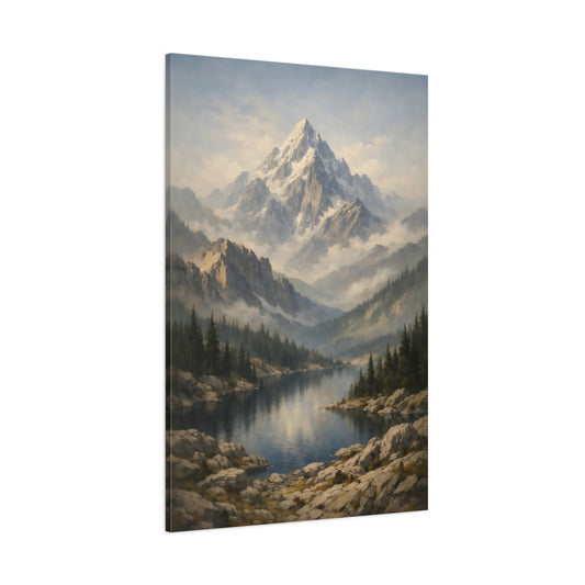Main Mockup. Nature Snowy Mountain Mountain Lake Landscape shown as stretched canvas wall art