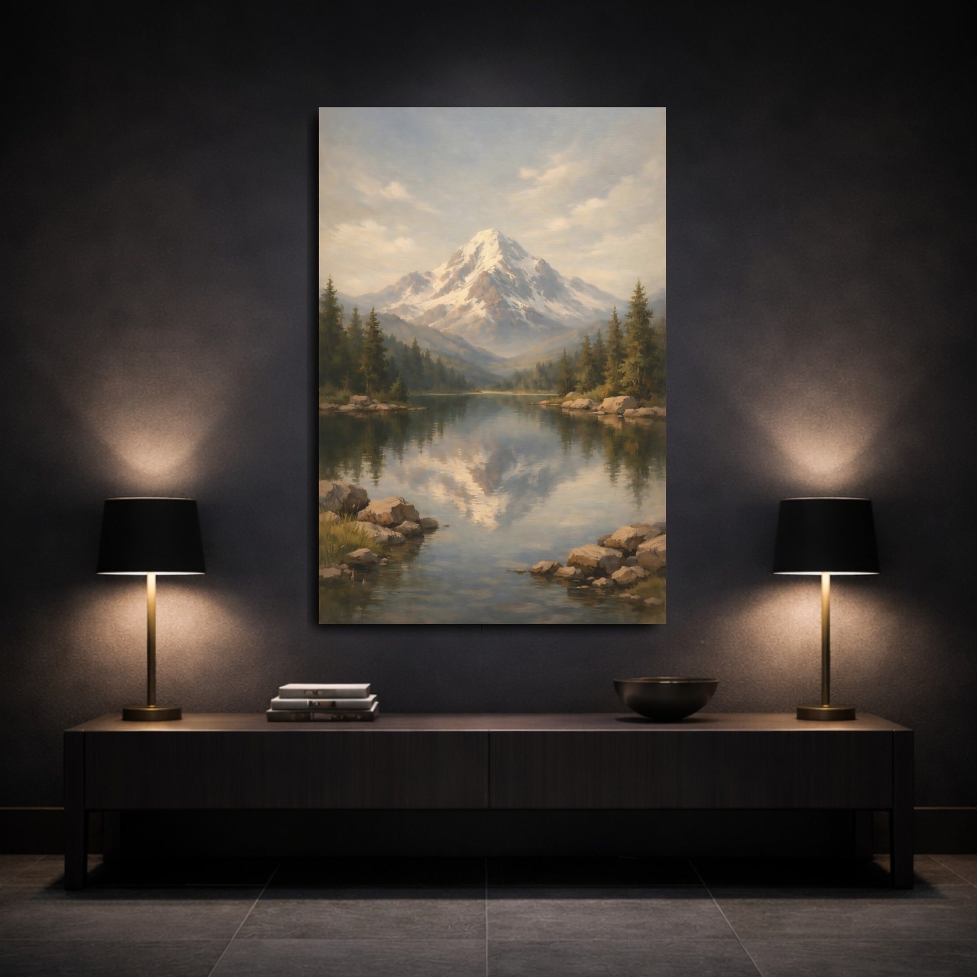 Mockup 2. Nature Snowy Mountain Mountain Lake Landscape shown as stretched canvas wall art