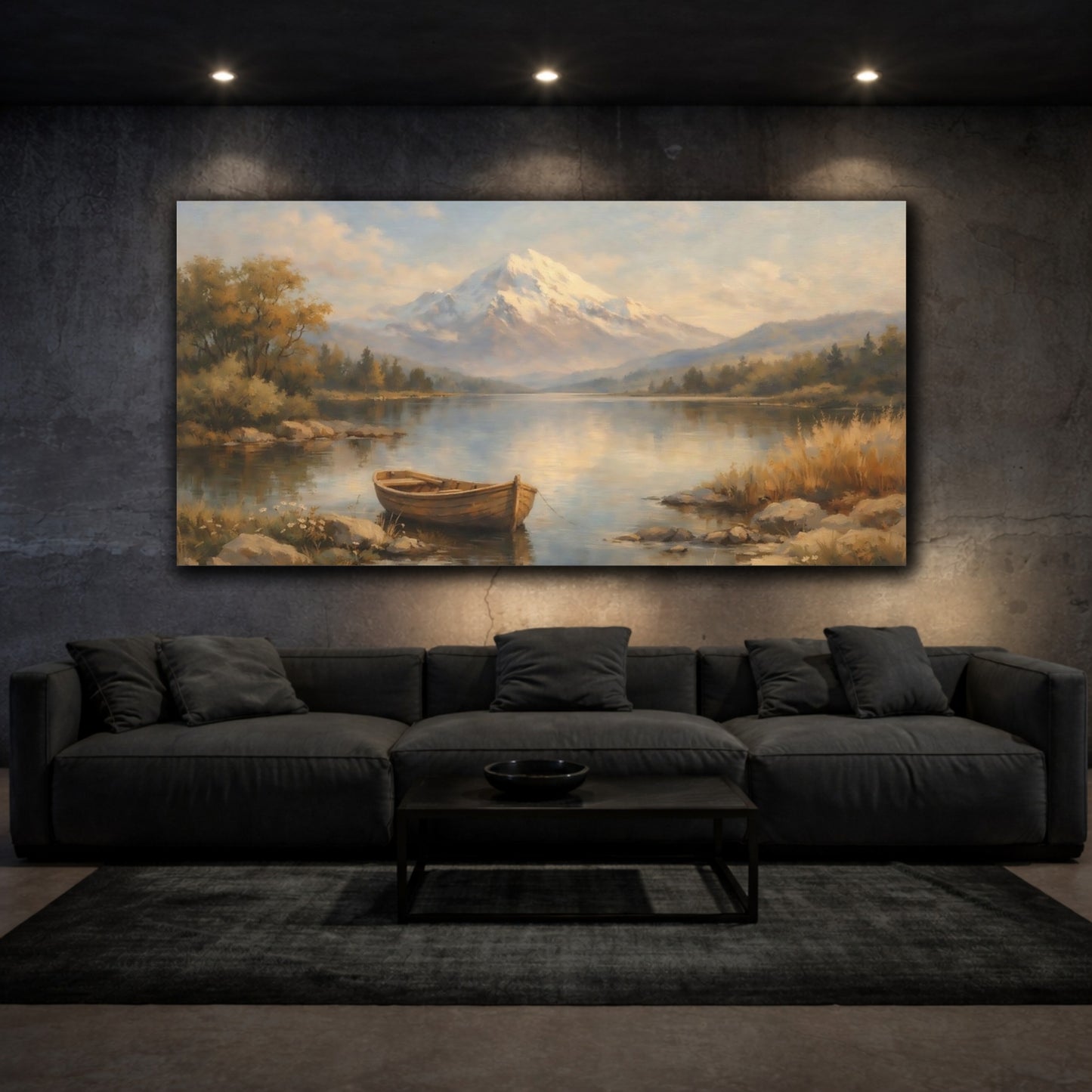 Mockup 2. Nature Snowy Mountain Mountain Lake Landscape shown as stretched canvas wall art