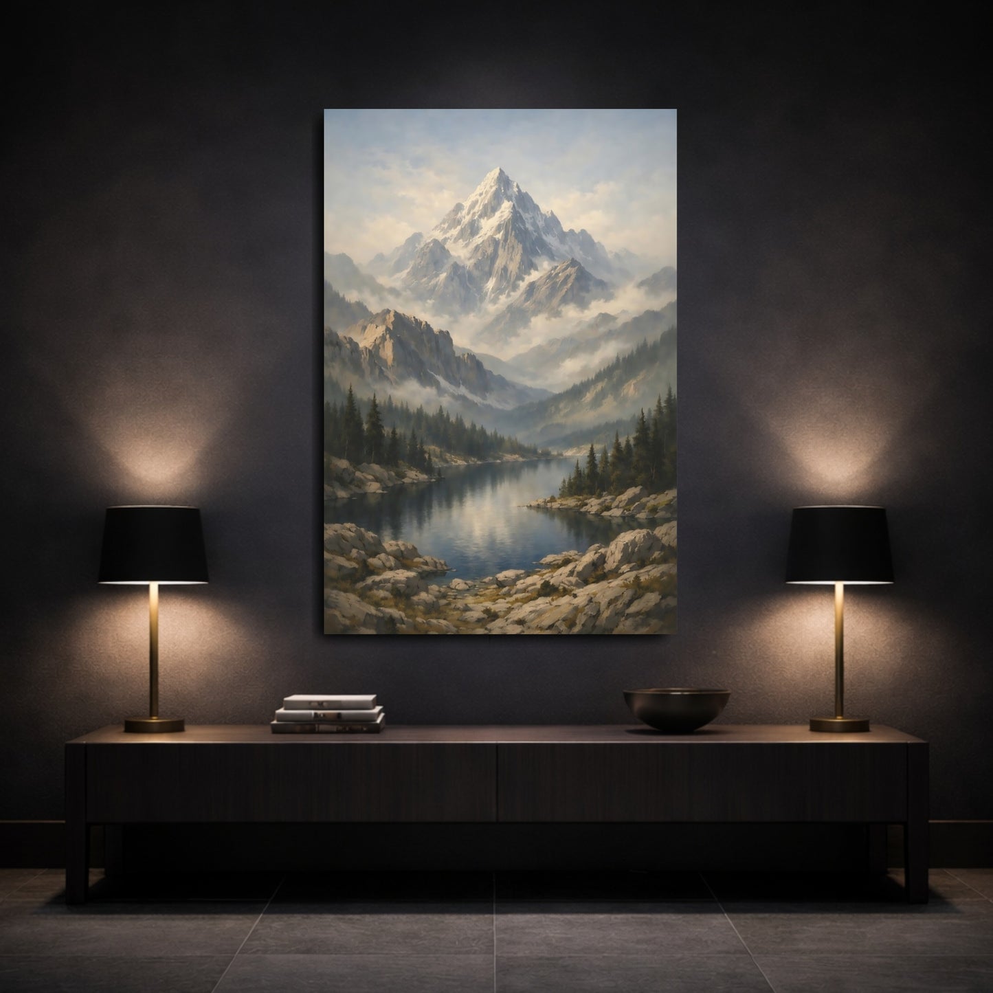 Mockup 2. Nature Snowy Mountain Mountain Lake Landscape shown as stretched canvas wall art