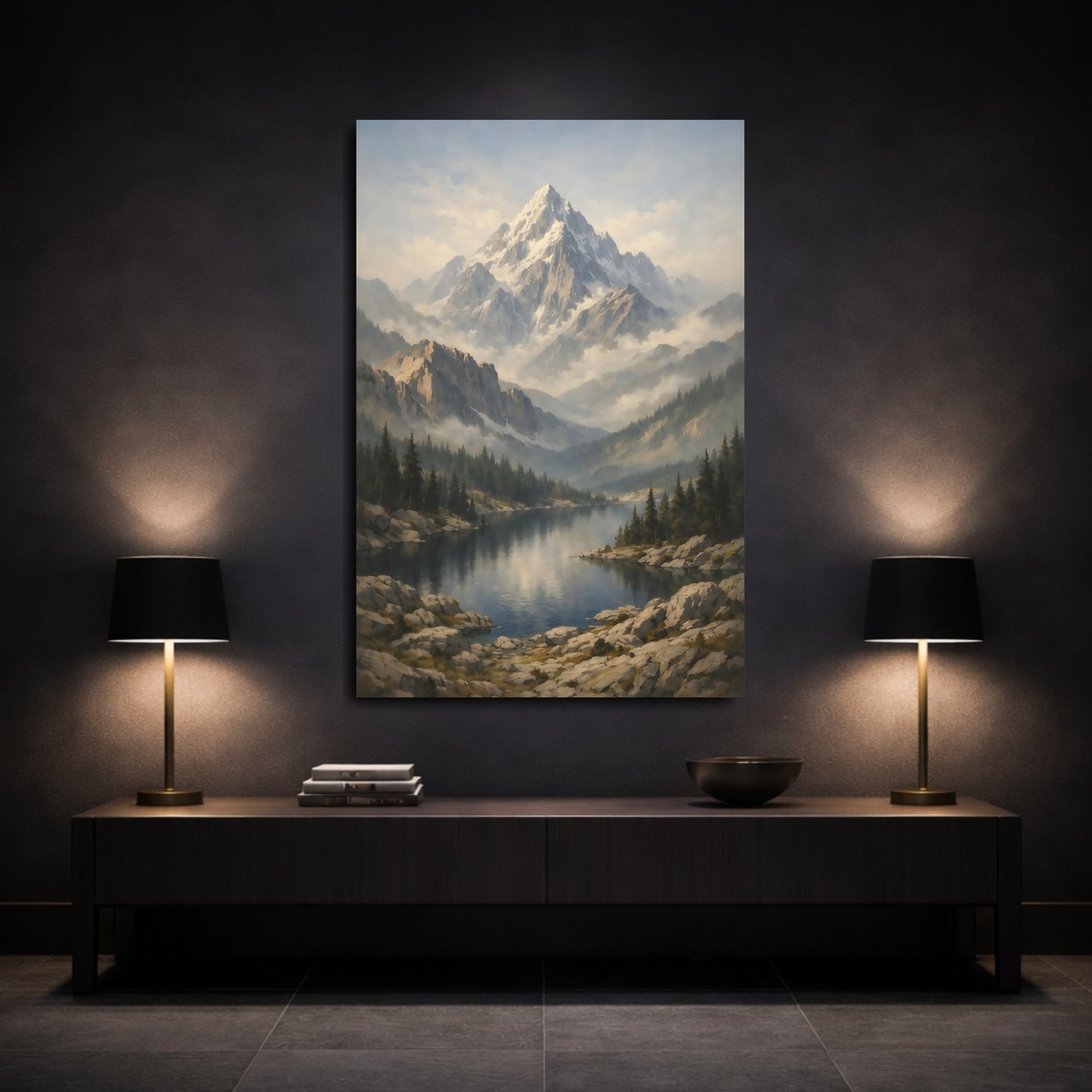 Mockup 2. Nature Snowy Mountain Mountain Lake Landscape shown as stretched canvas wall art