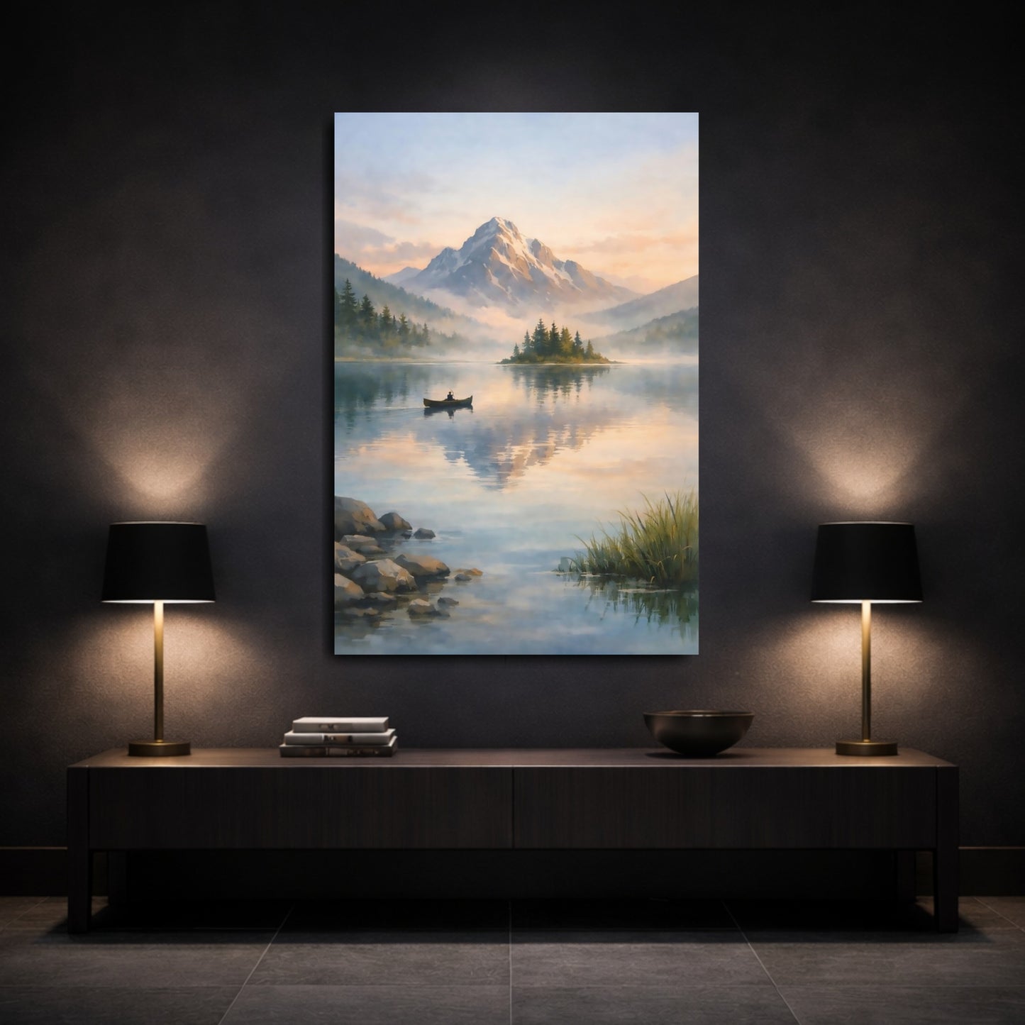 Mockup 2. Nature Snowy Mountain Mountain Lake Landscape shown as stretched canvas wall art