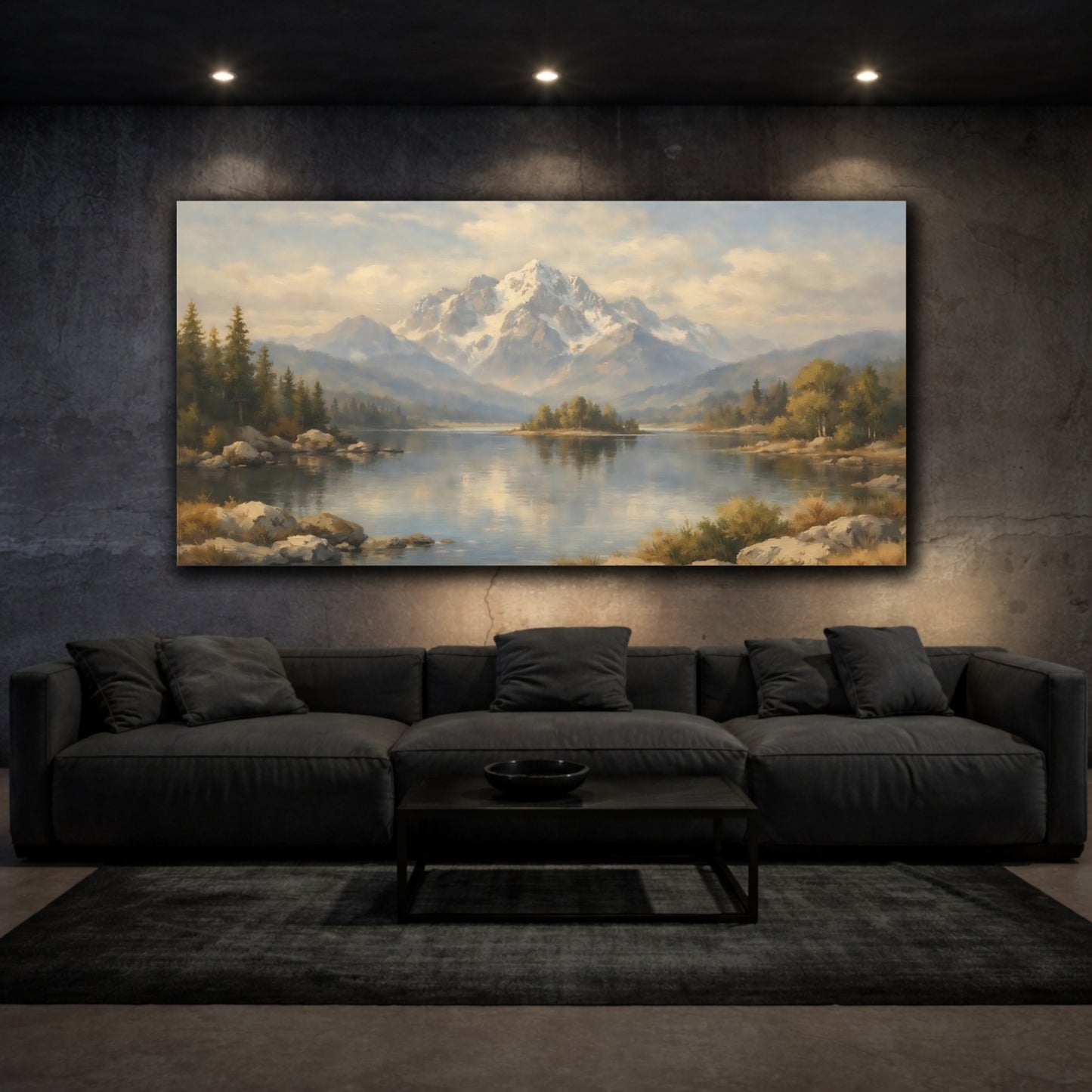 Mockup 2. Nature Snowy Mountain Mountain Lake Landscape shown as stretched canvas wall art