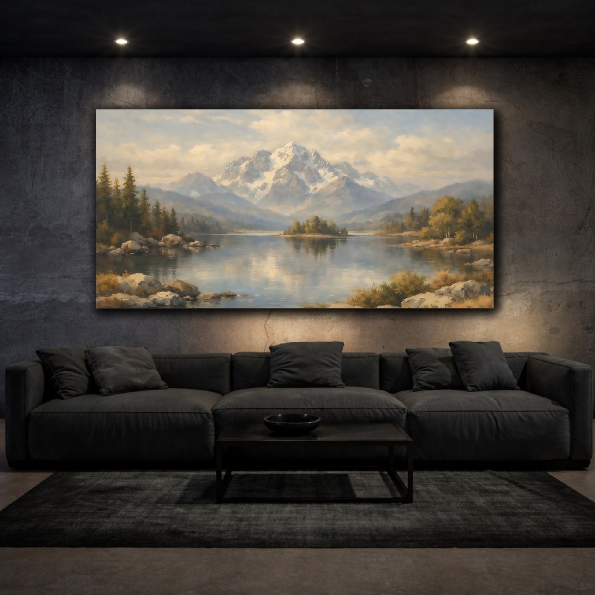 Mockup 2. Nature Snowy Mountain Mountain Lake Landscape shown as stretched canvas wall art
