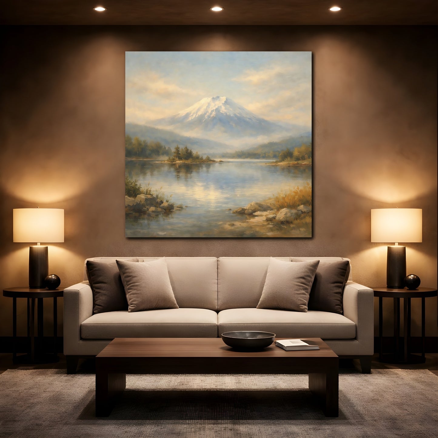 Mockup 2. Nature Snowy Mountain Mountain Lake Landscape shown as stretched canvas wall art