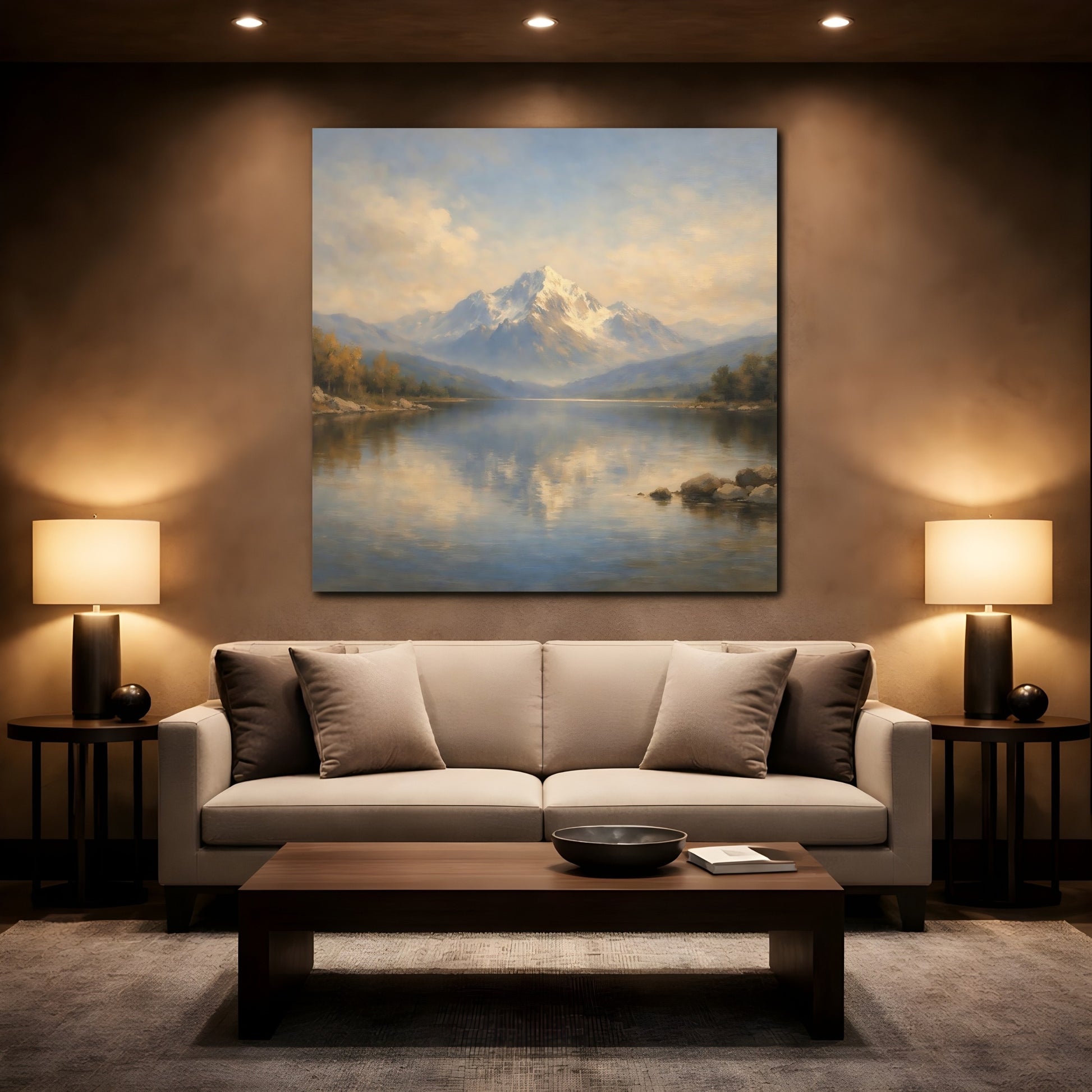 Mockup 2. Nature Snowy Mountain Mountain Lake Landscape shown as stretched canvas wall art
