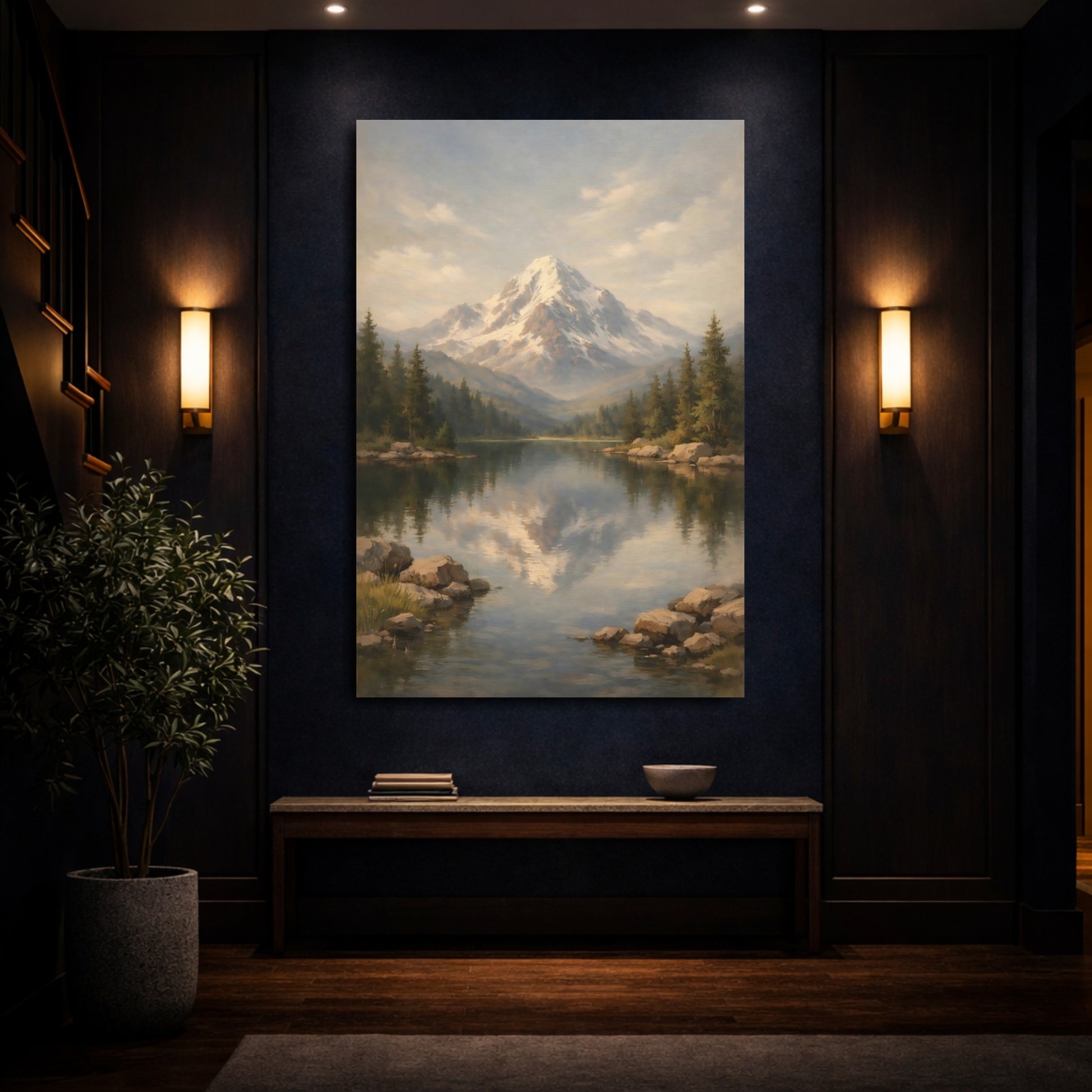 Mockup 3. Nature Snowy Mountain Mountain Lake Landscape shown as stretched canvas wall art