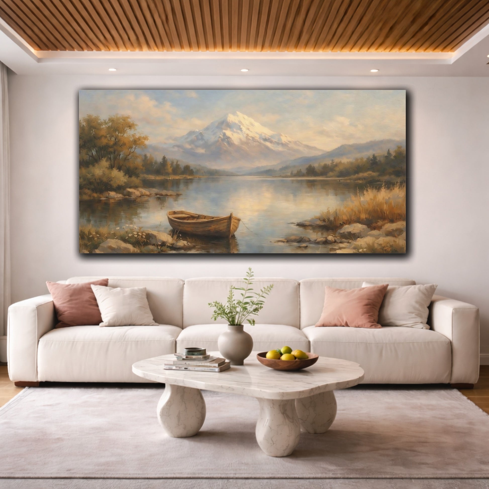 Mockup 3. Nature Snowy Mountain Mountain Lake Landscape shown as stretched canvas wall art
