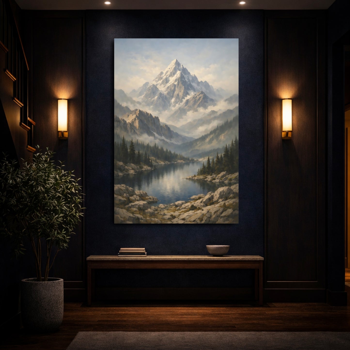 Mockup 3. Nature Snowy Mountain Mountain Lake Landscape shown as stretched canvas wall art
