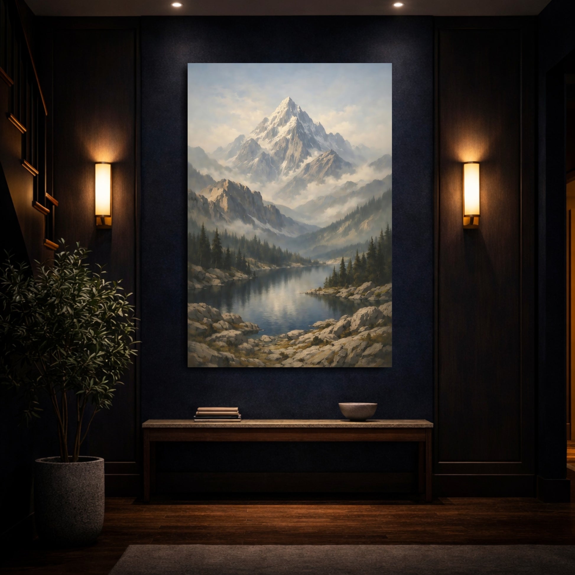 Mockup 3. Nature Snowy Mountain Mountain Lake Landscape shown as stretched canvas wall art