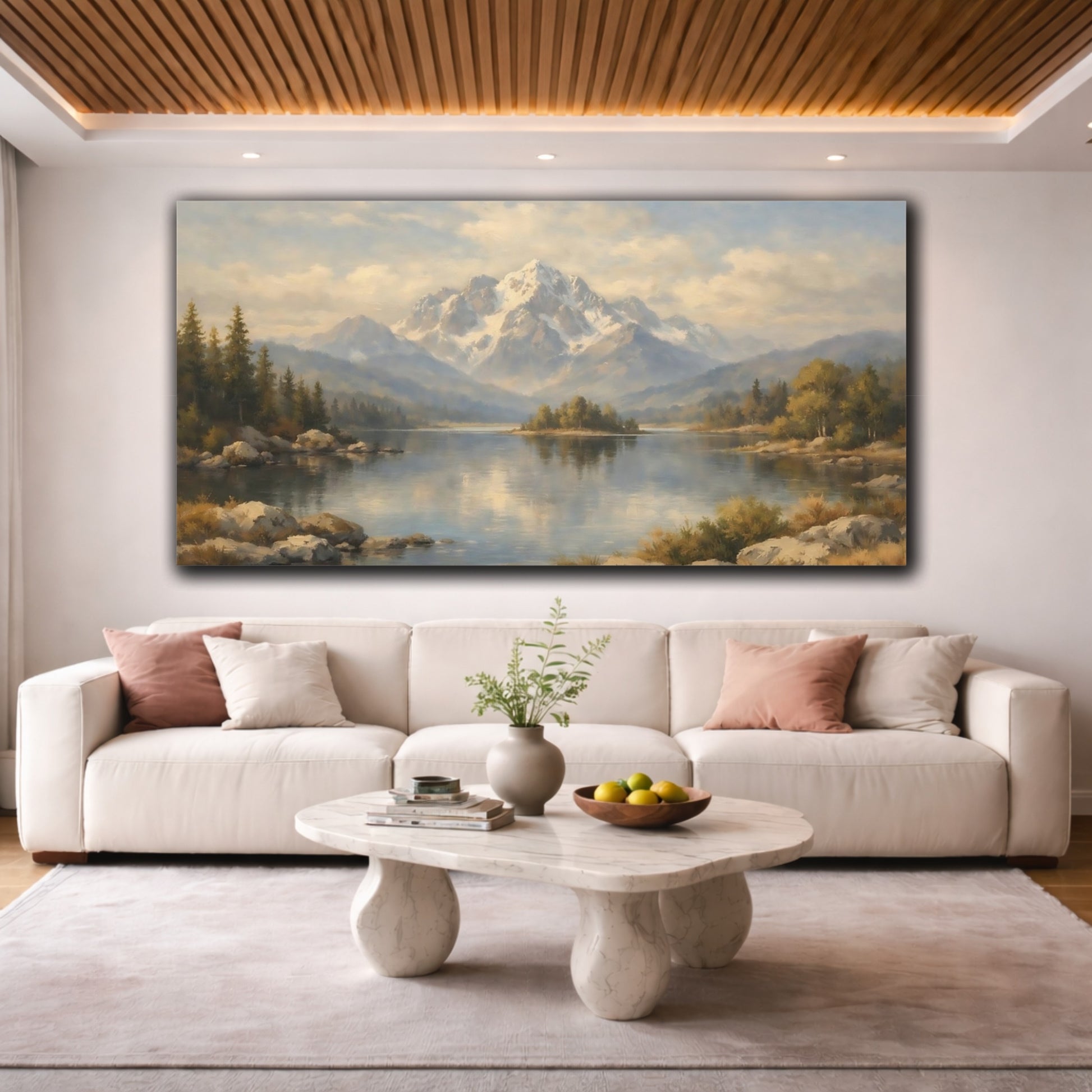 Mockup 3. Nature Snowy Mountain Mountain Lake Landscape shown as stretched canvas wall art