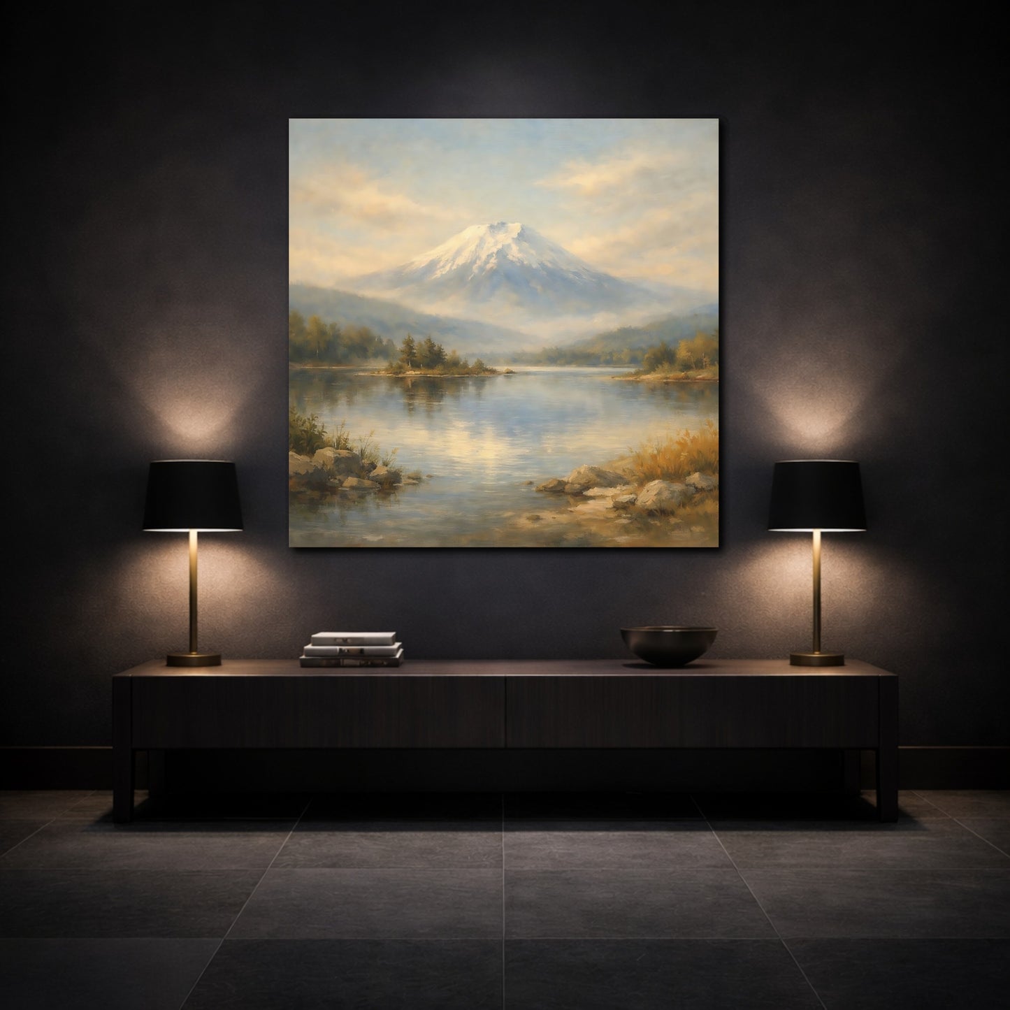 Mockup 3. Nature Snowy Mountain Mountain Lake Landscape shown as stretched canvas wall art